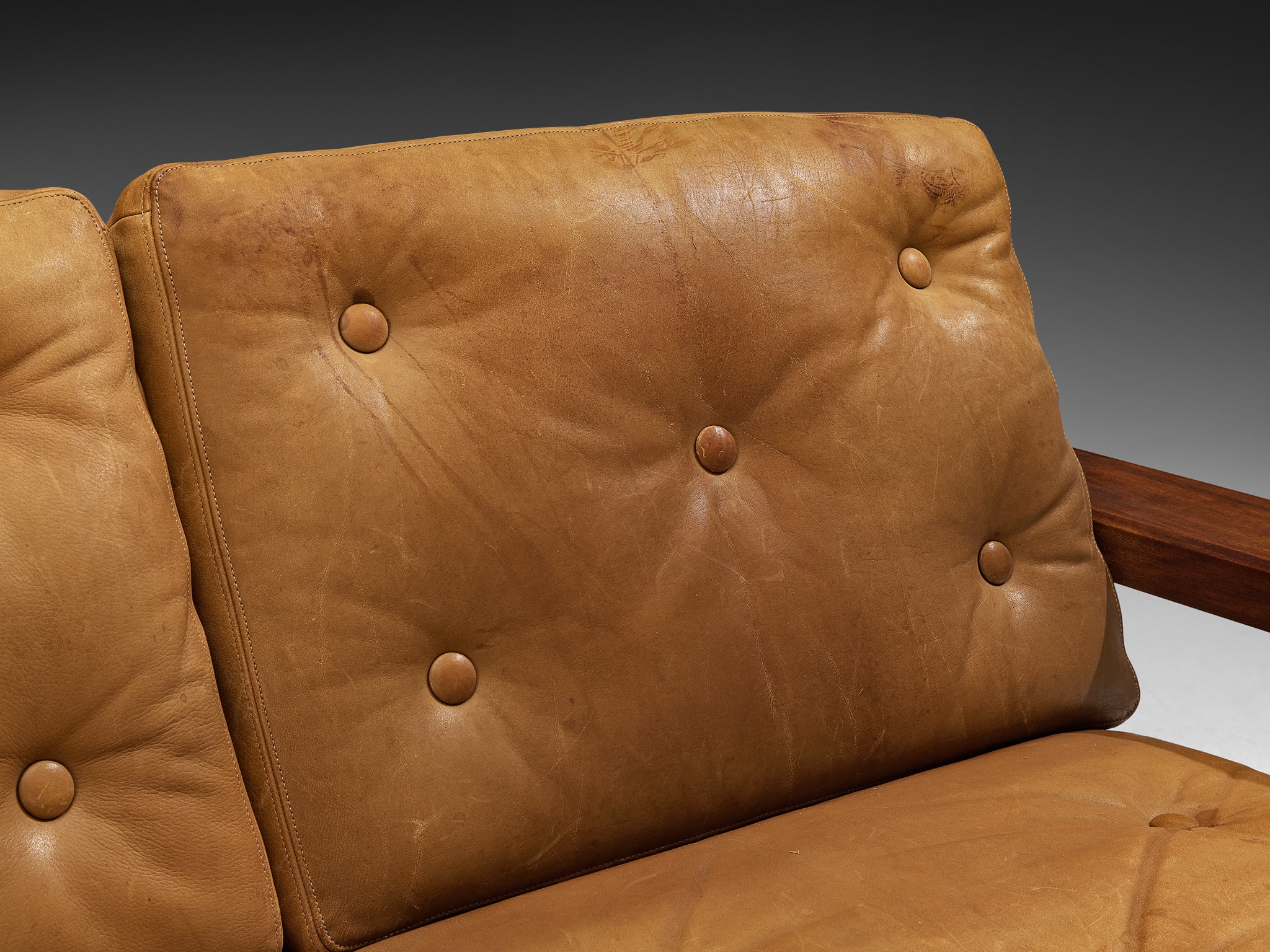 Mid-Century Modern Sofa in Teak and Cognac Brown Leather Seating Morentz