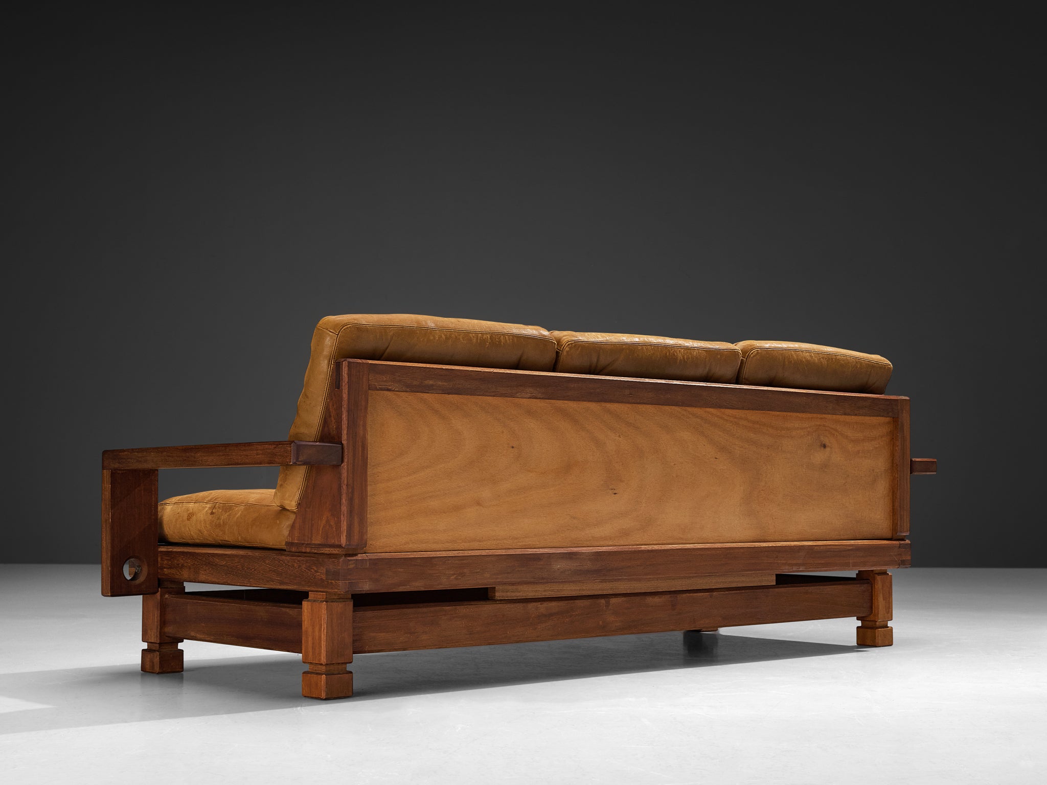 Mid-Century Modern Sofa in Teak and Cognac Brown Leather Seating Morentz
