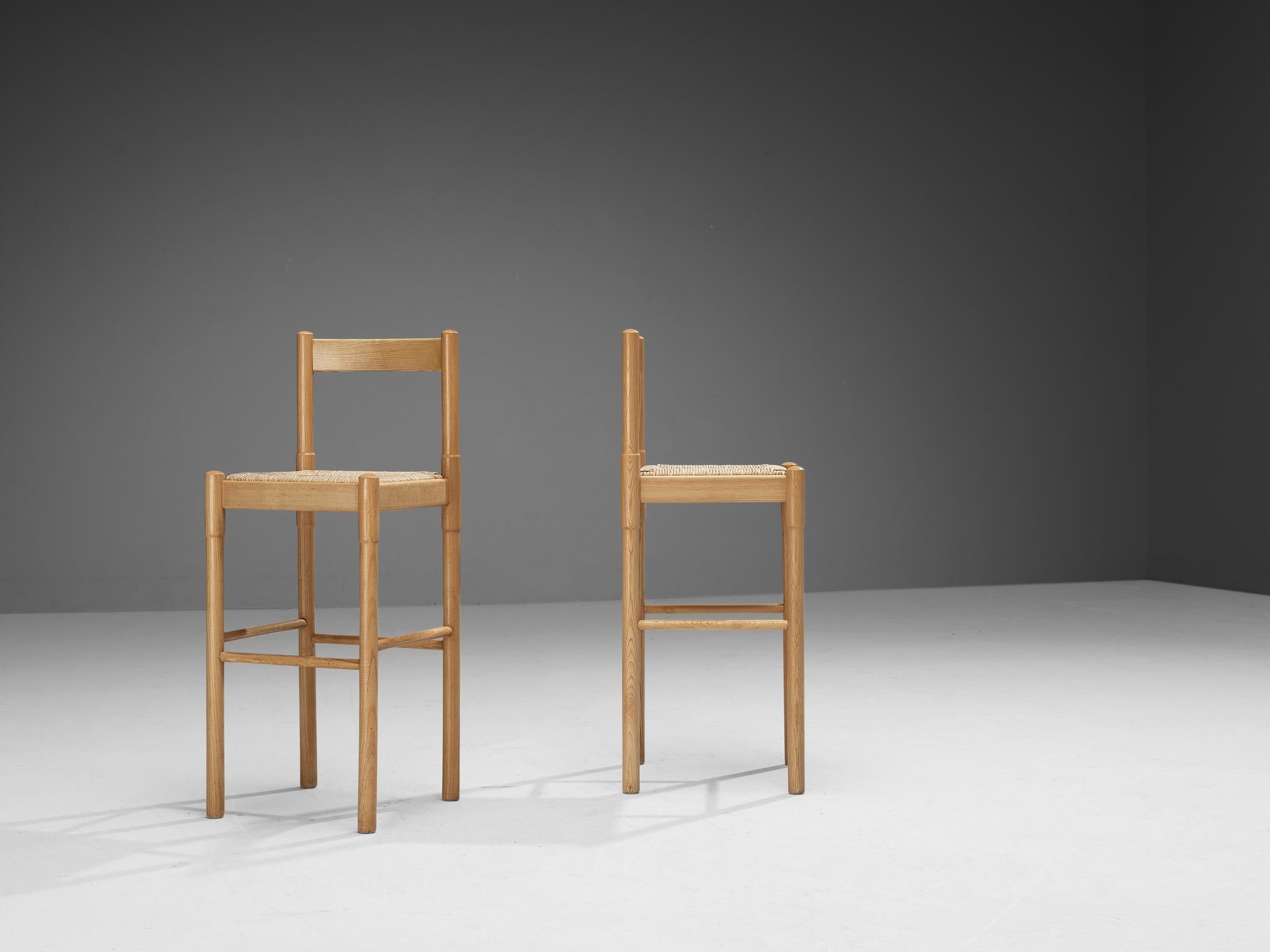 Vico Magistretti Pair of Barstools in Ash and Straw seating Morentz