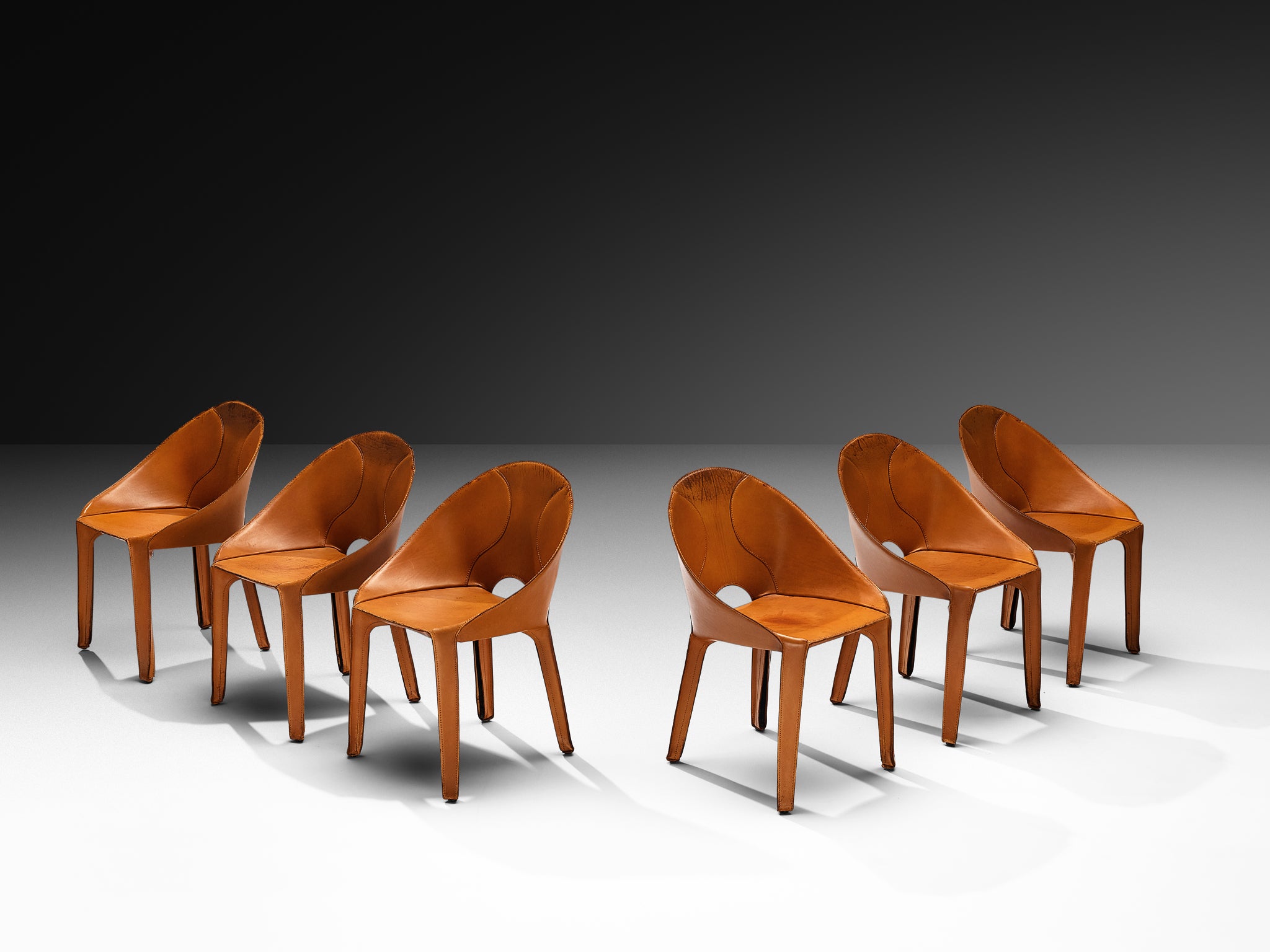 Mario Bellini Set of Six 'Lira e Liuto' Dining Chairs in Cognac Leather Seating Morentz