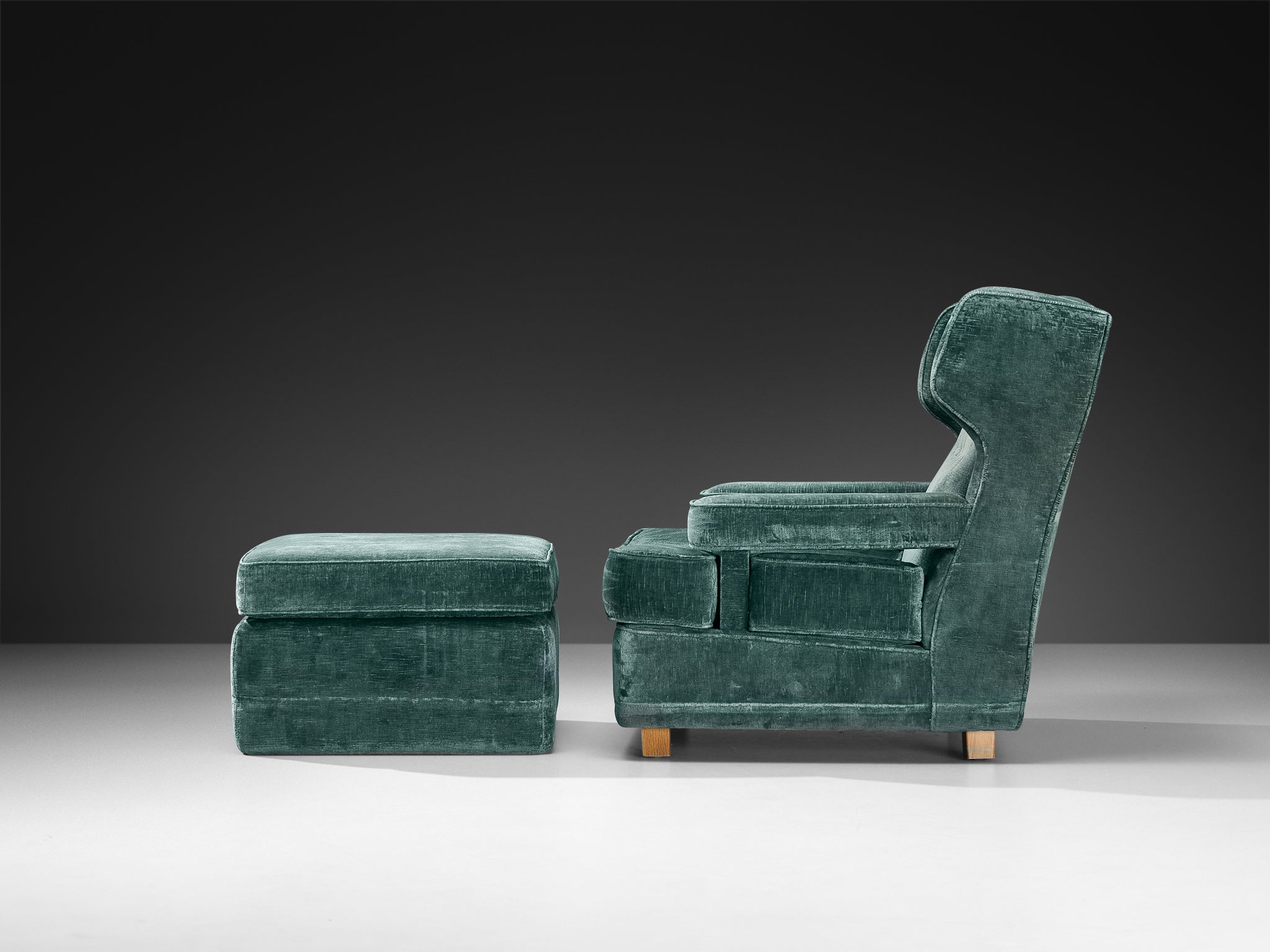 Italian Wingback Chair with Ottoman in Mint Green Velour Seating Morentz
