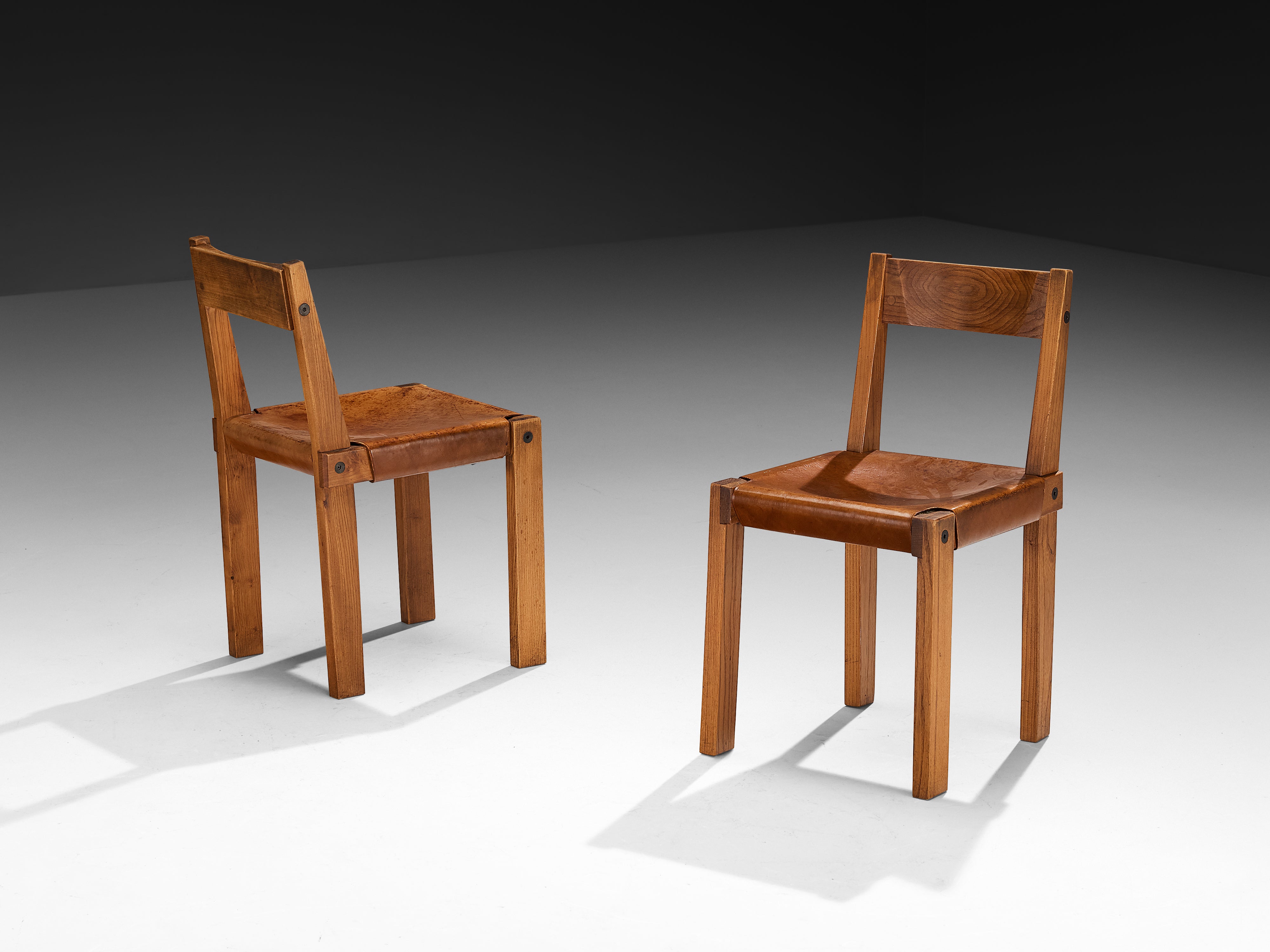 Early Pierre Chapo Set of Eight 'S24' Dining Chairs in Cognac Leather and Elm Seating Morentz