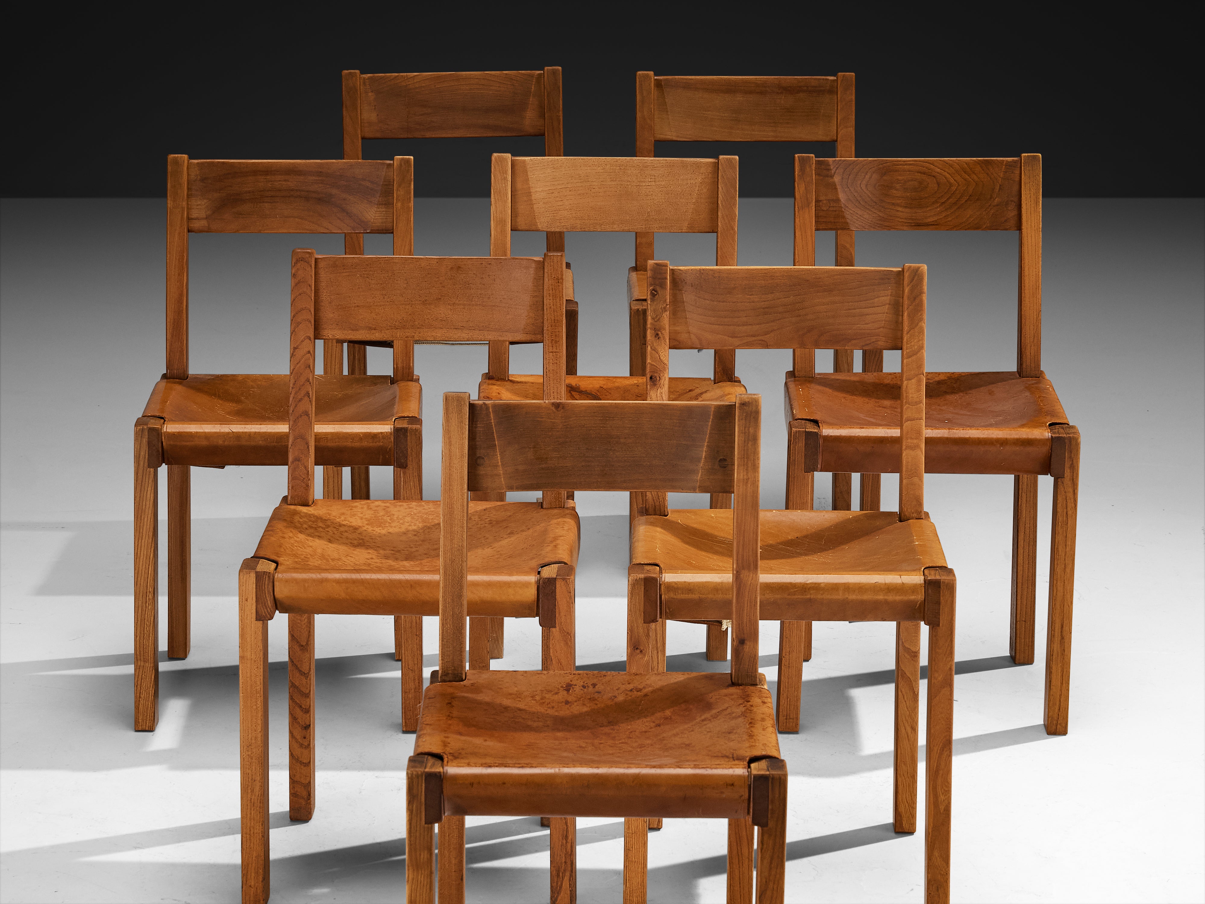 Early Pierre Chapo Set of Eight 'S24' Dining Chairs in Cognac Leather and Elm Seating Morentz