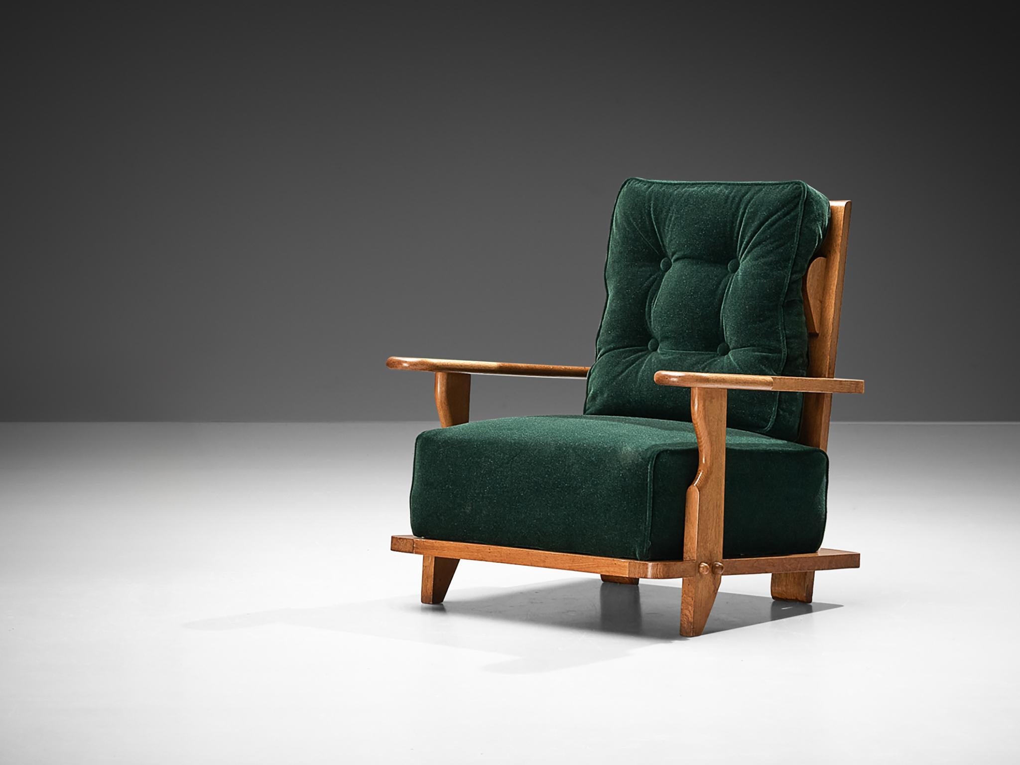 Guillerme & Chambron Lounge Chair in Green Mohair and Oak