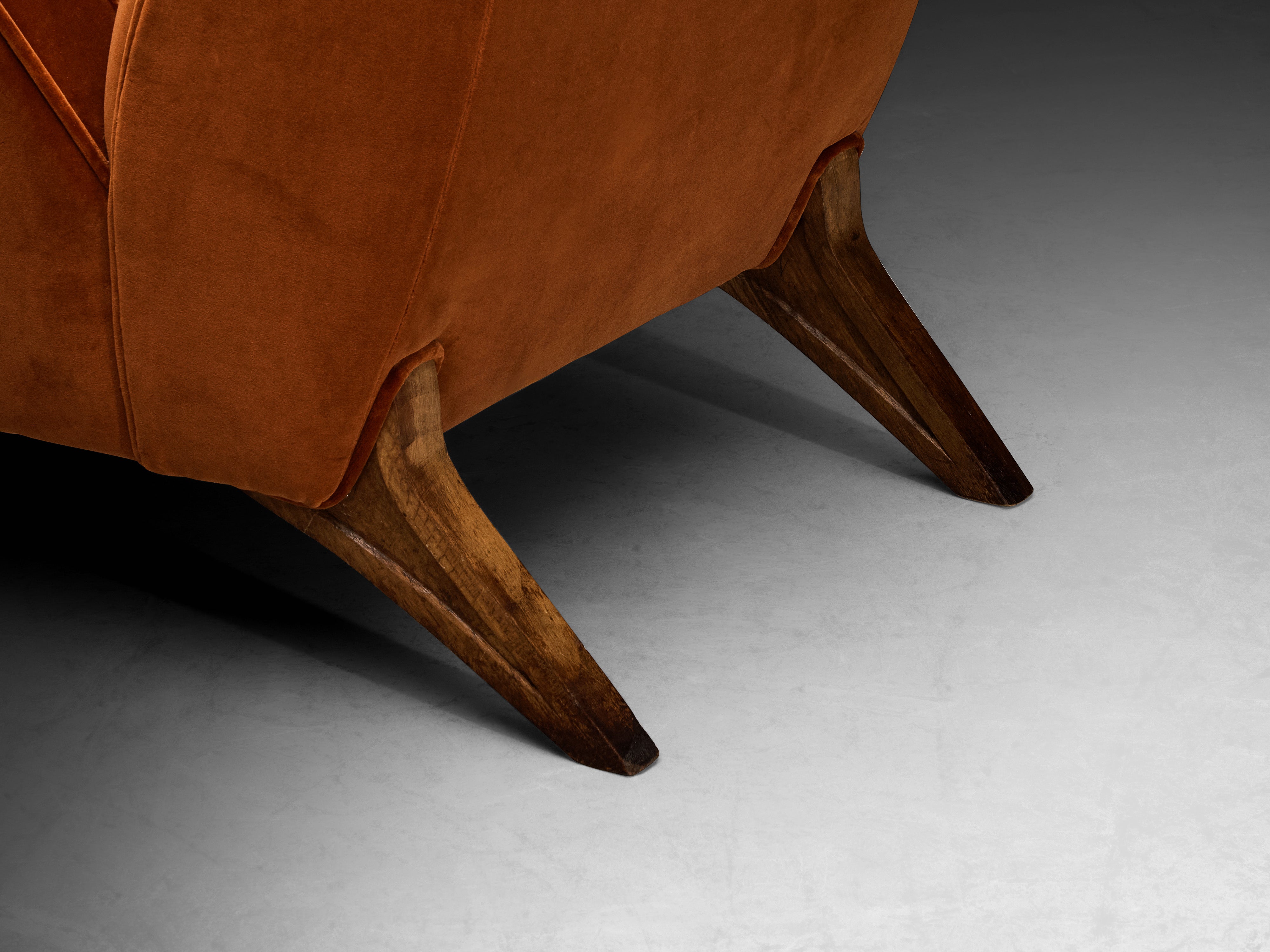 Rare Mario Oreglia Pair of Lounge Chairs in Burnt Orange Velvet and Oak Seating Morentz