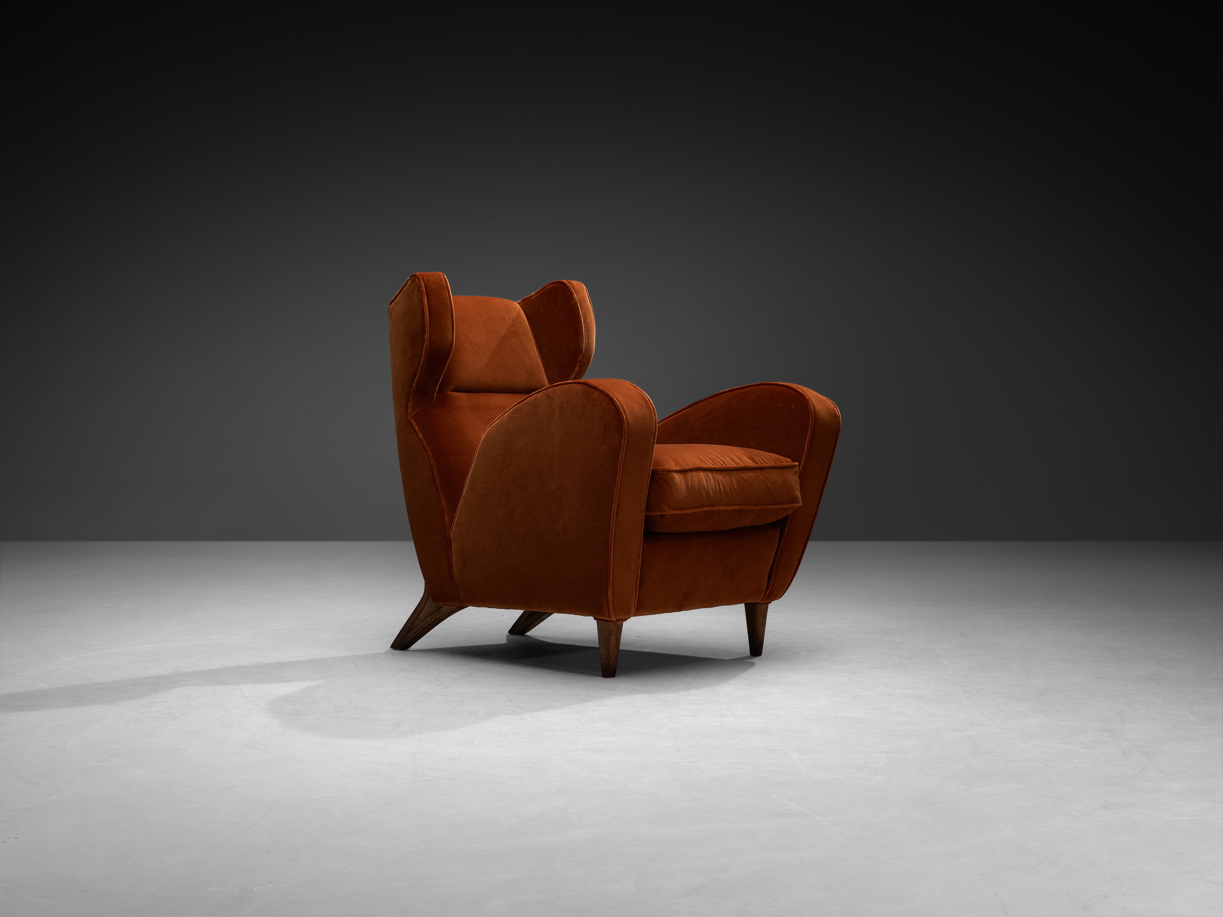 Rare Mario Oreglia Pair of Lounge Chairs in Burnt Orange Velvet and Oak Seating Morentz