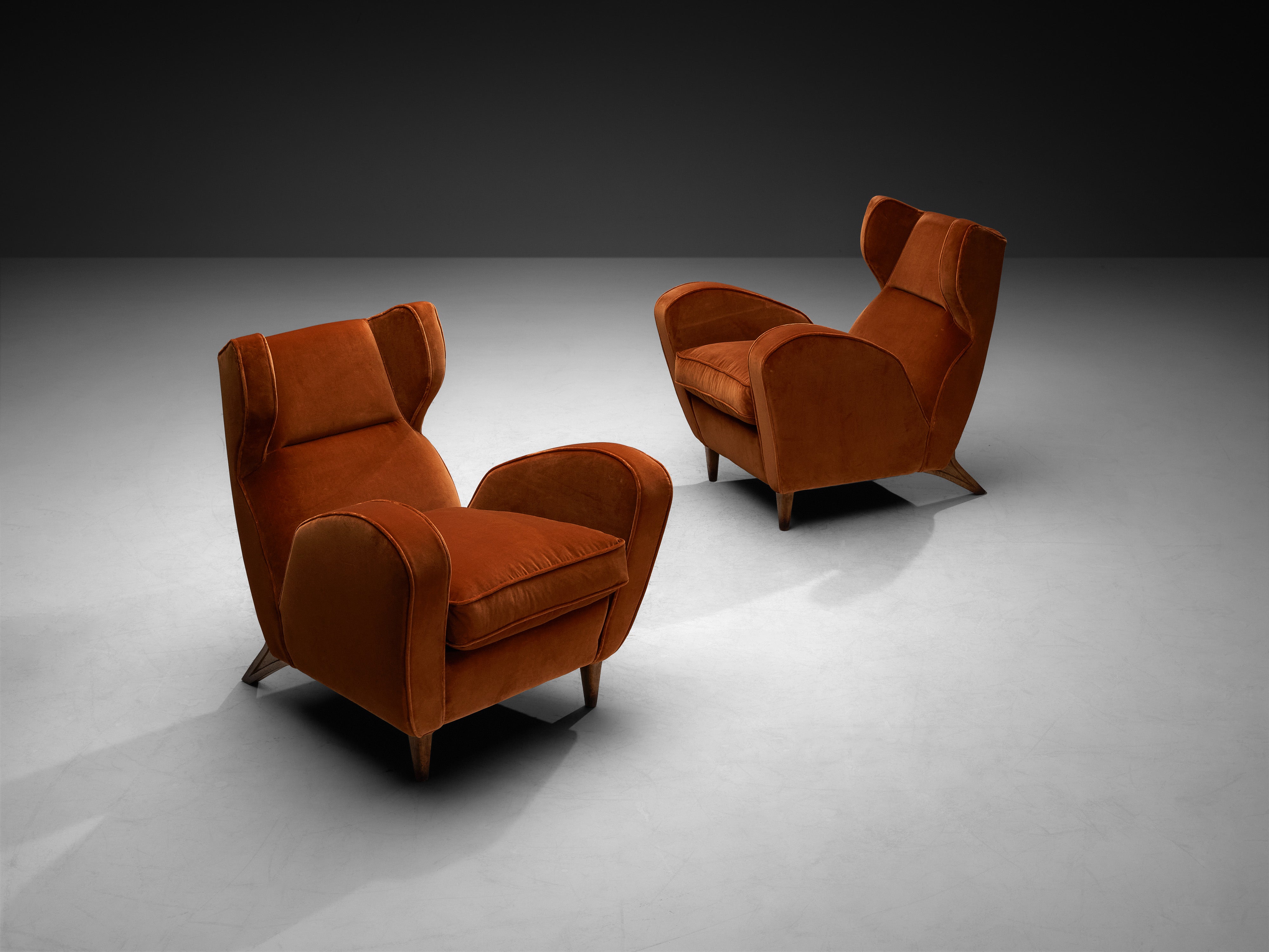 Rare Mario Oreglia Pair of Lounge Chairs in Burnt Orange Velvet and Oak Seating Morentz