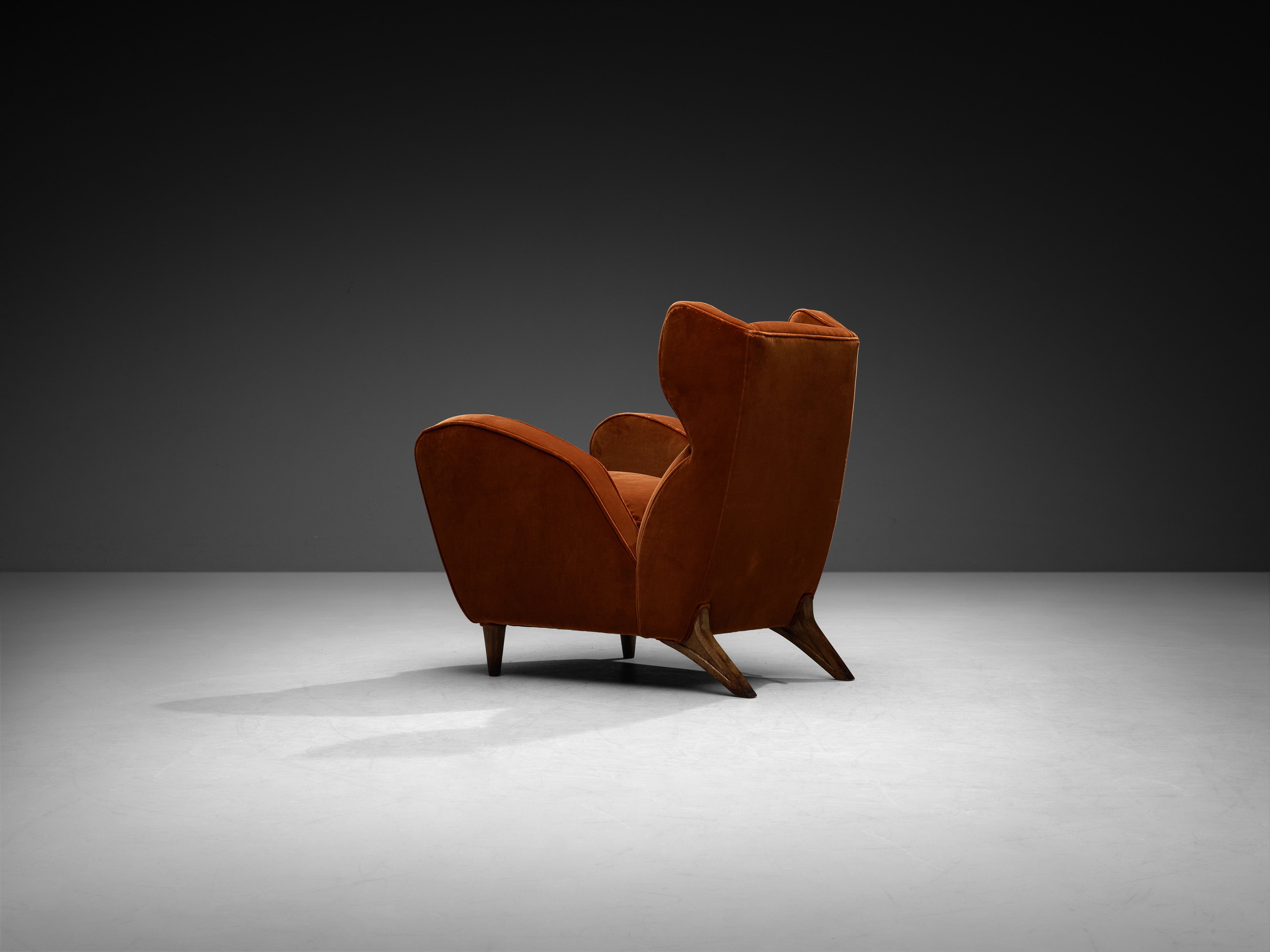 Rare Mario Oreglia Pair of Lounge Chairs in Burnt Orange Velvet and Oak Seating Morentz
