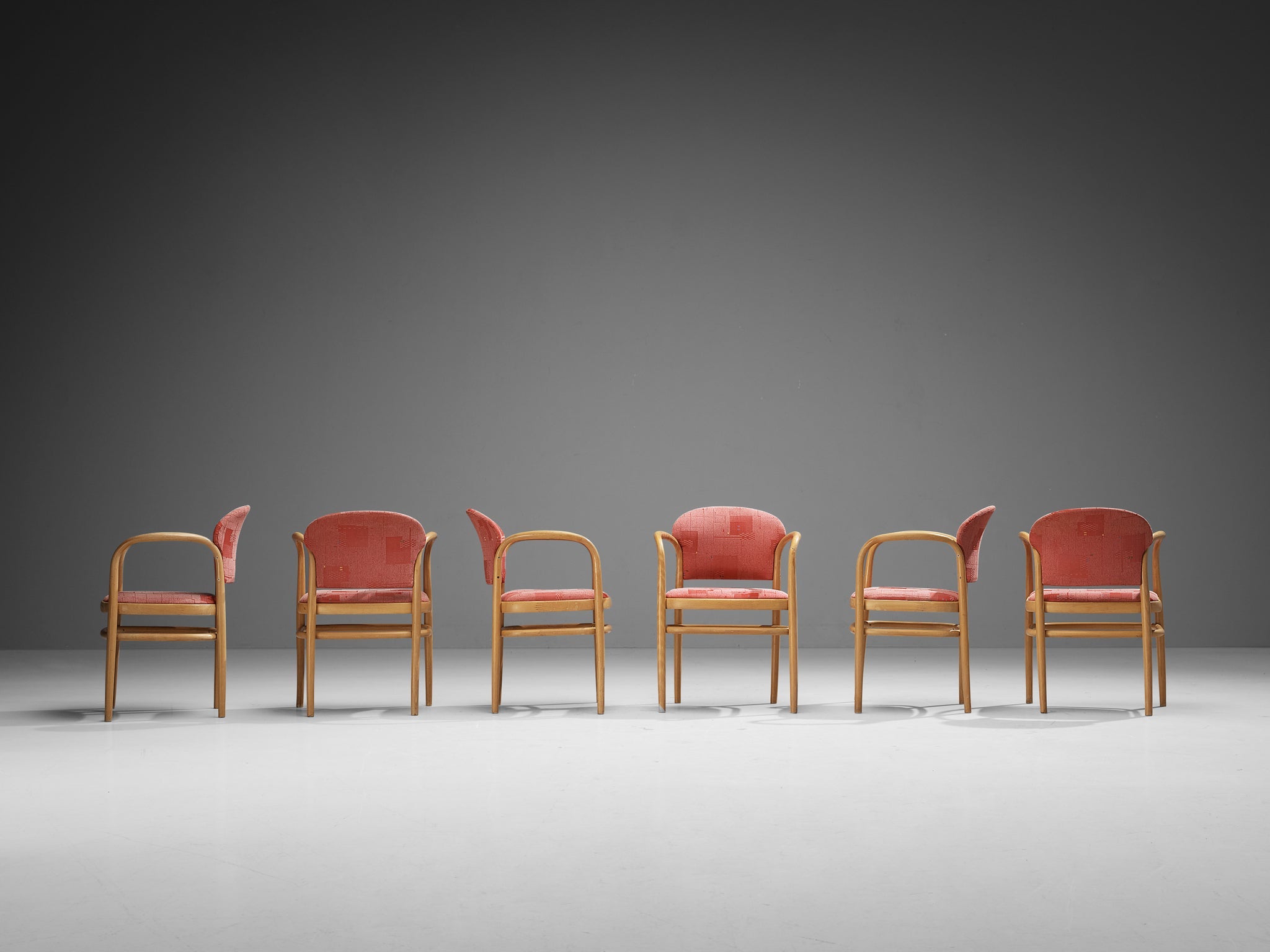 Ton Set of Twelve Armchairs in Bentwood with Red Upholstery seating Morentz