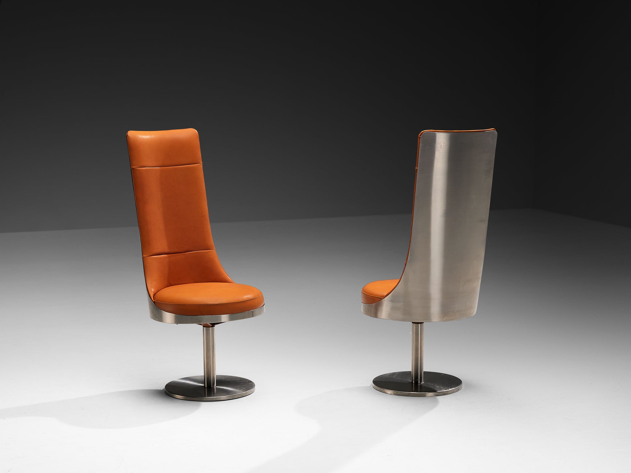 Maria Pergay Swivel Chairs in Stainless Steel and Cognac Leather Seating Morentz