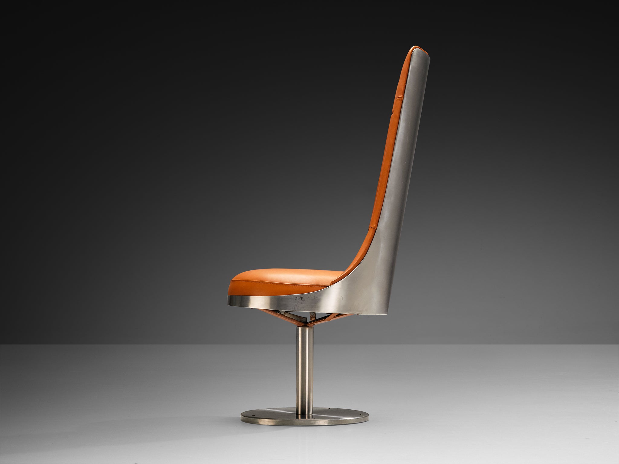 Maria Pergay Swivel Chairs in Stainless Steel and Cognac Leather Seating Morentz