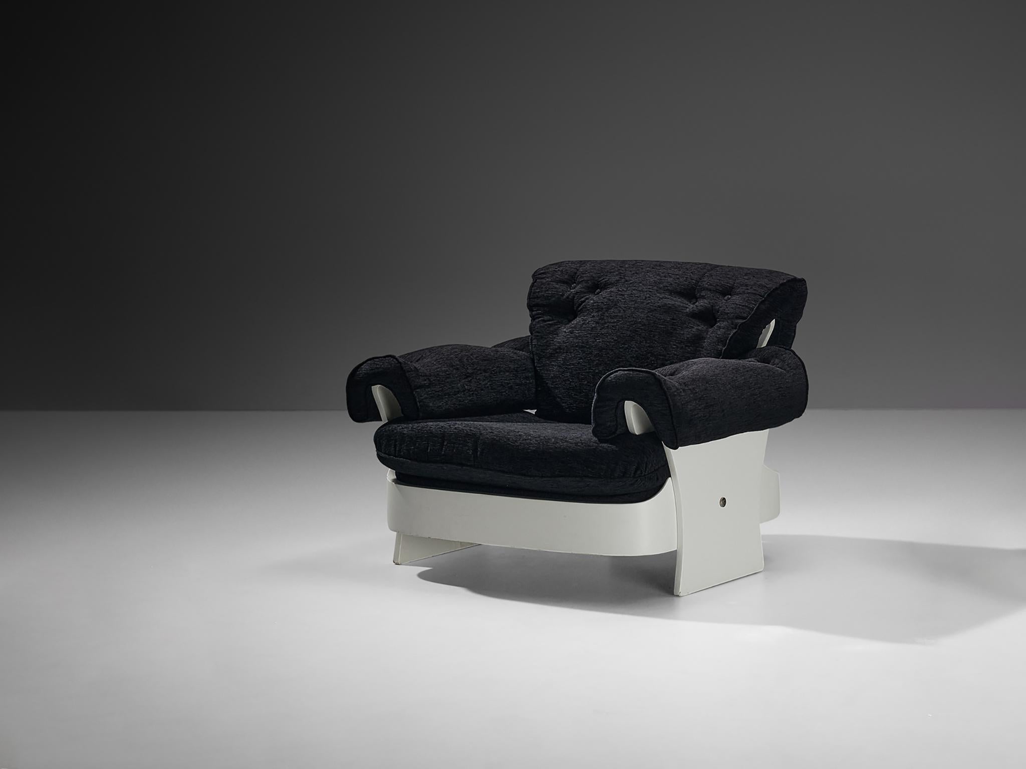 Italian Lounge Chair in White Plywood and Black Upholstery