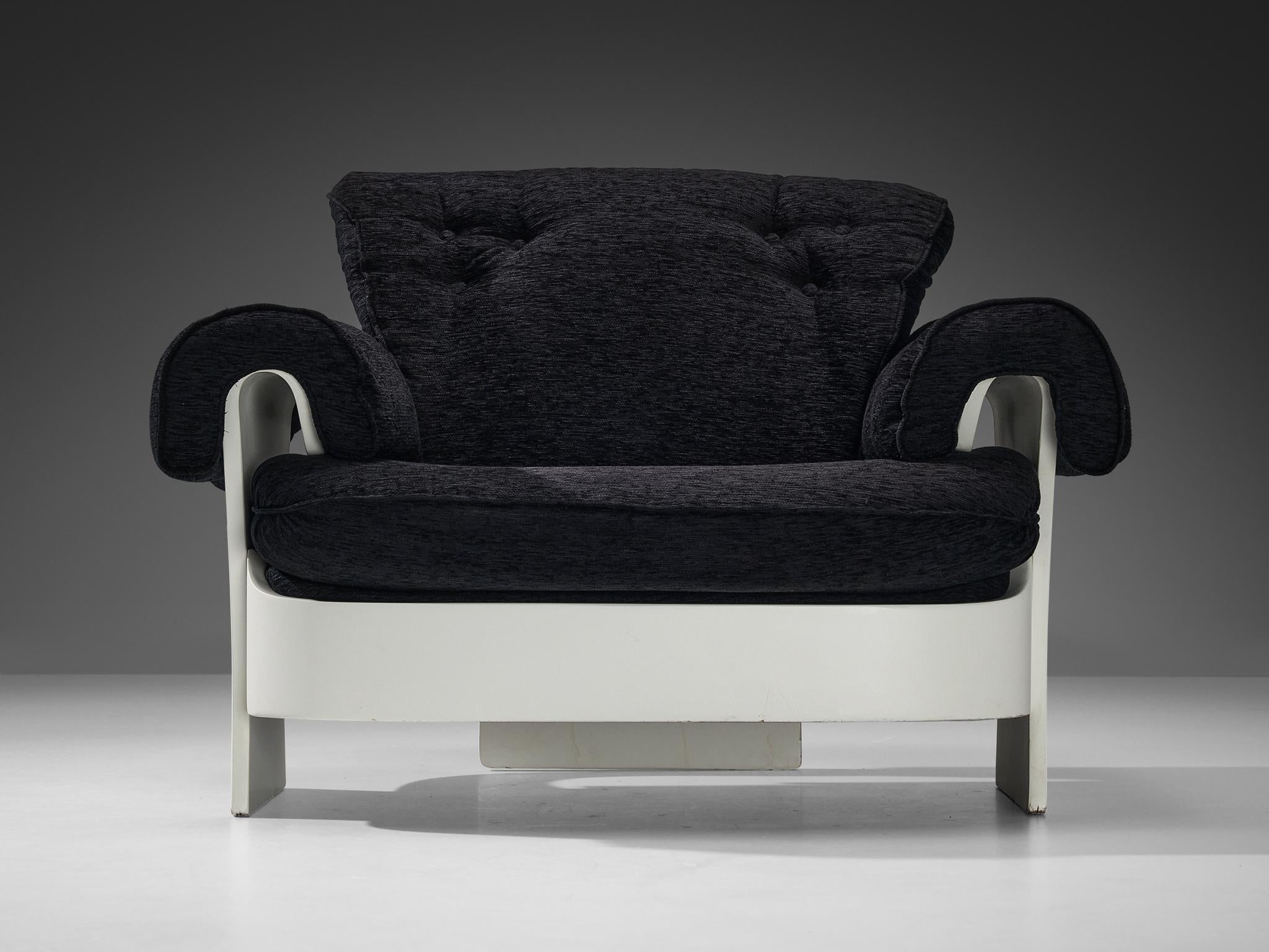 Italian Lounge Chair in White Plywood and Black Upholstery