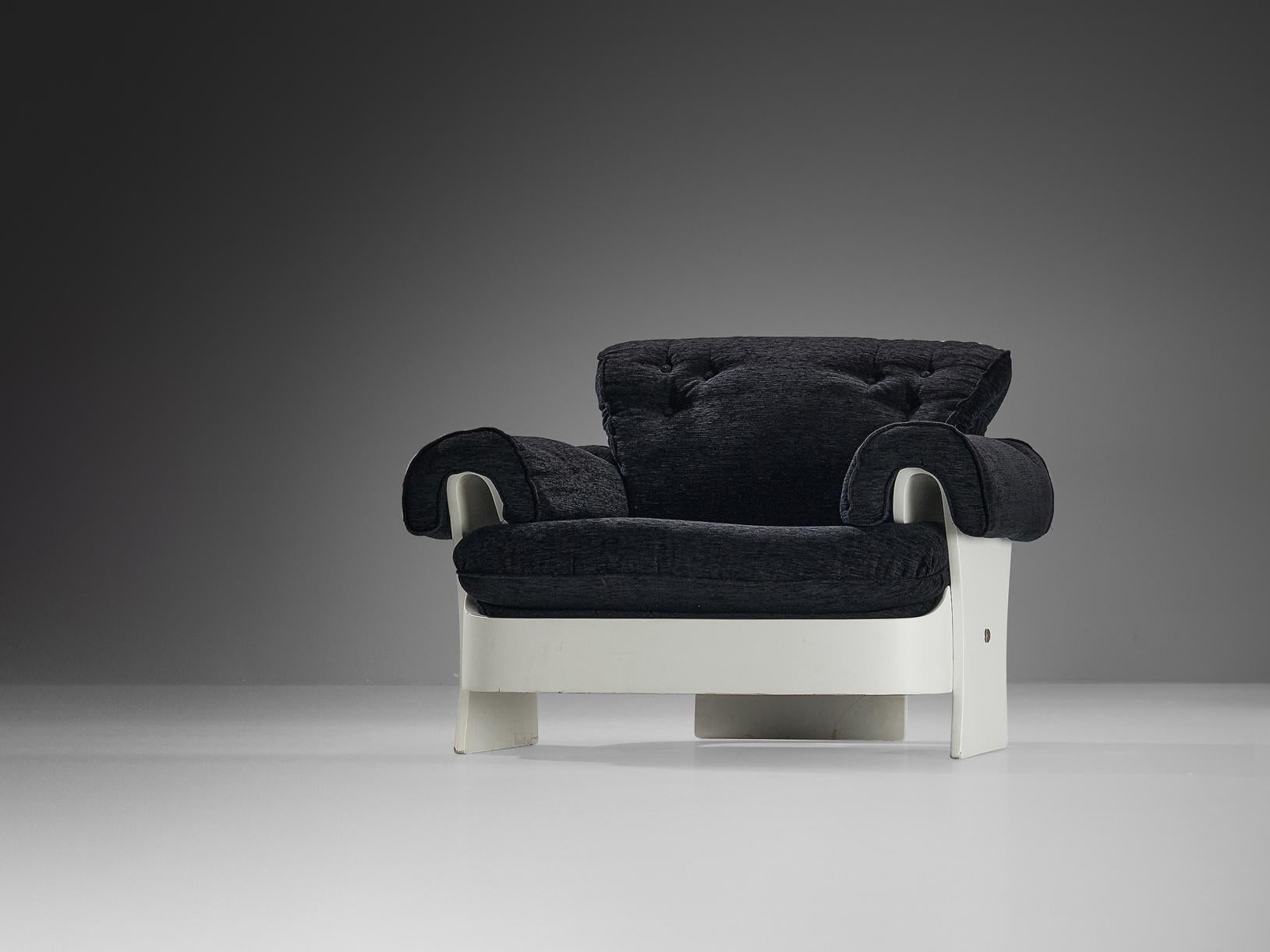 Italian Lounge Chair in White Plywood and Black Upholstery