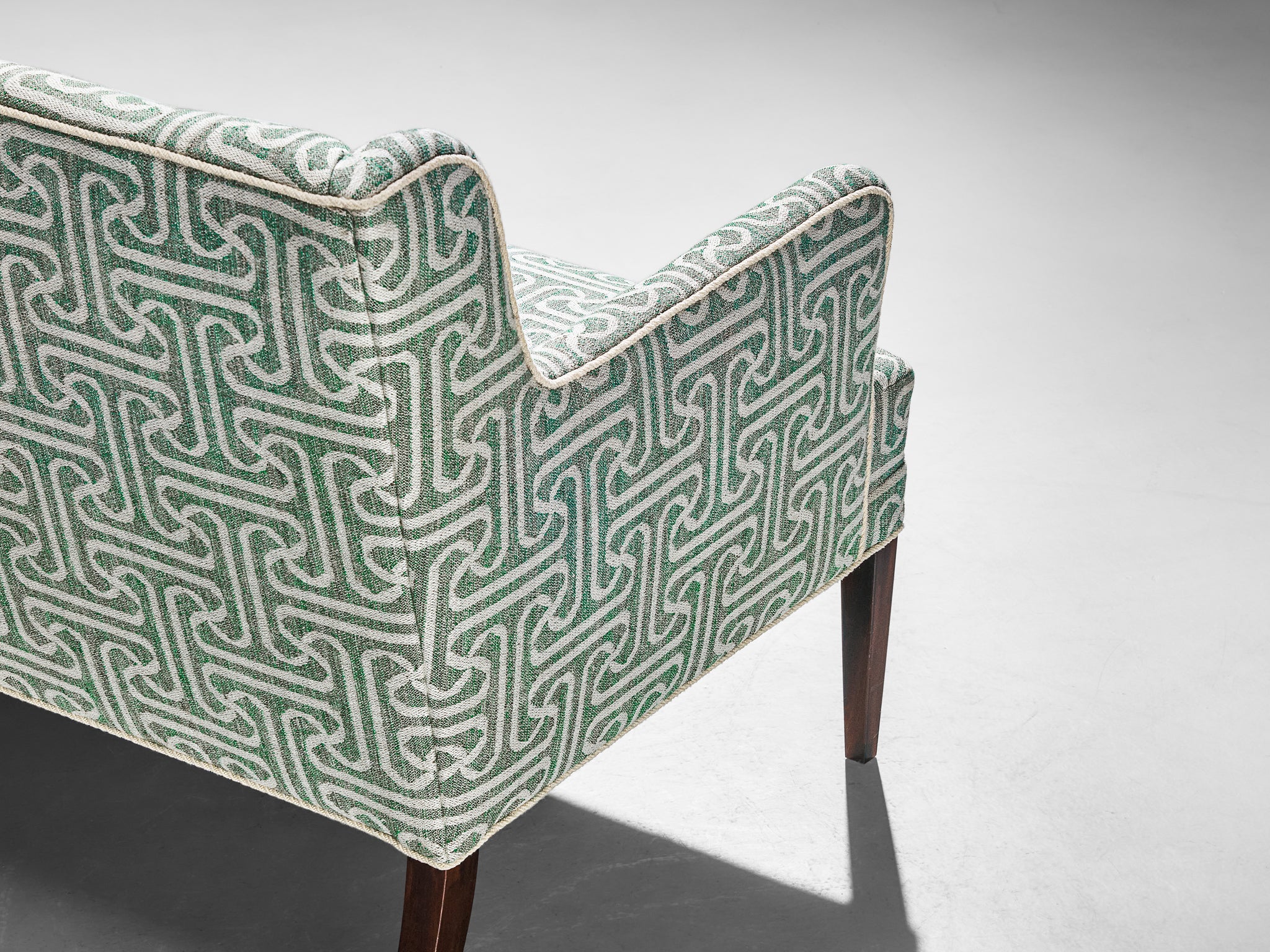 Elegant Danish Modern 1950s Sofa in Light Green Patterned Upholstery Seating Morentz