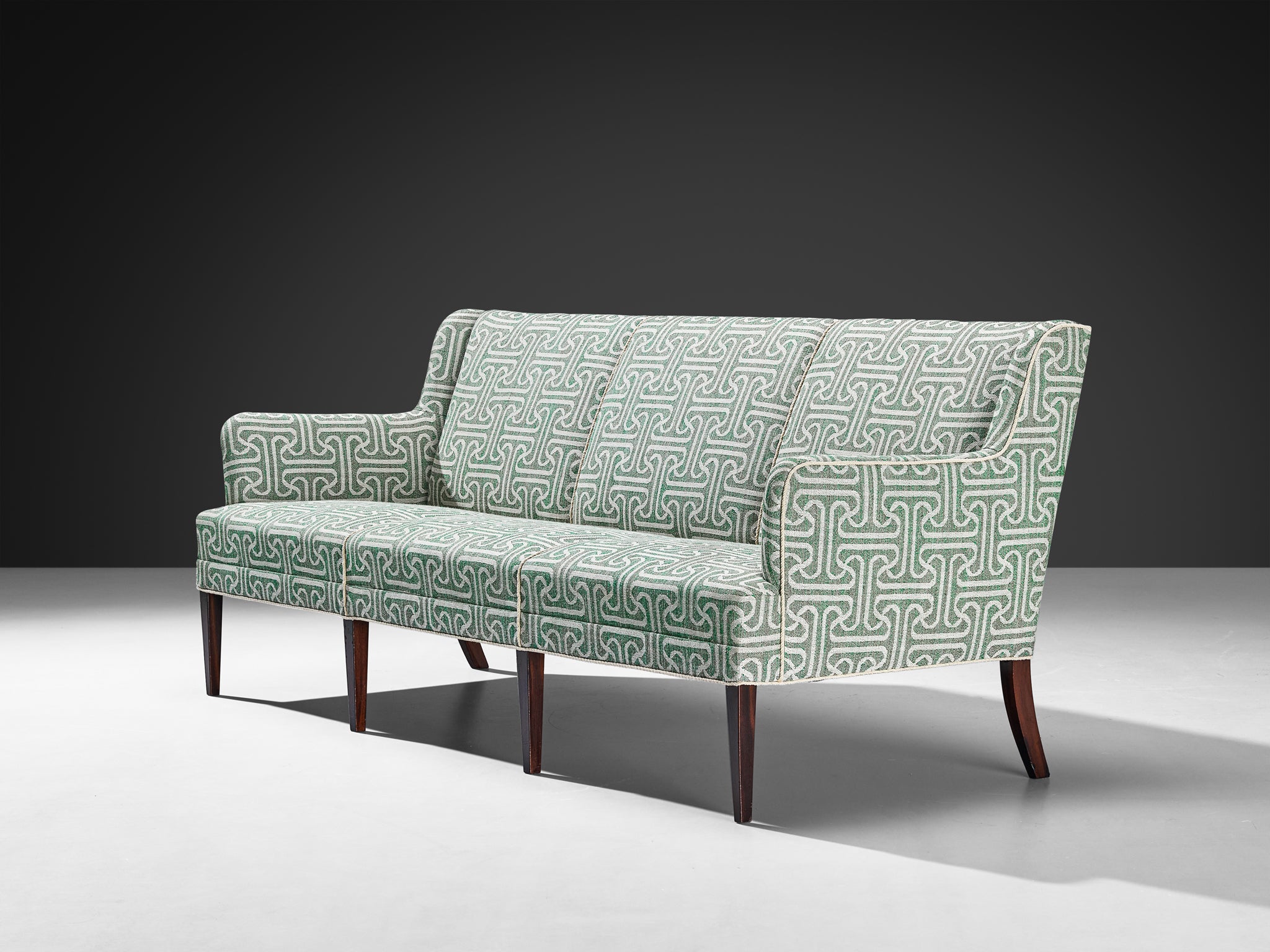 Elegant Danish Modern 1950s Sofa in Light Green Patterned Upholstery Seating Morentz
