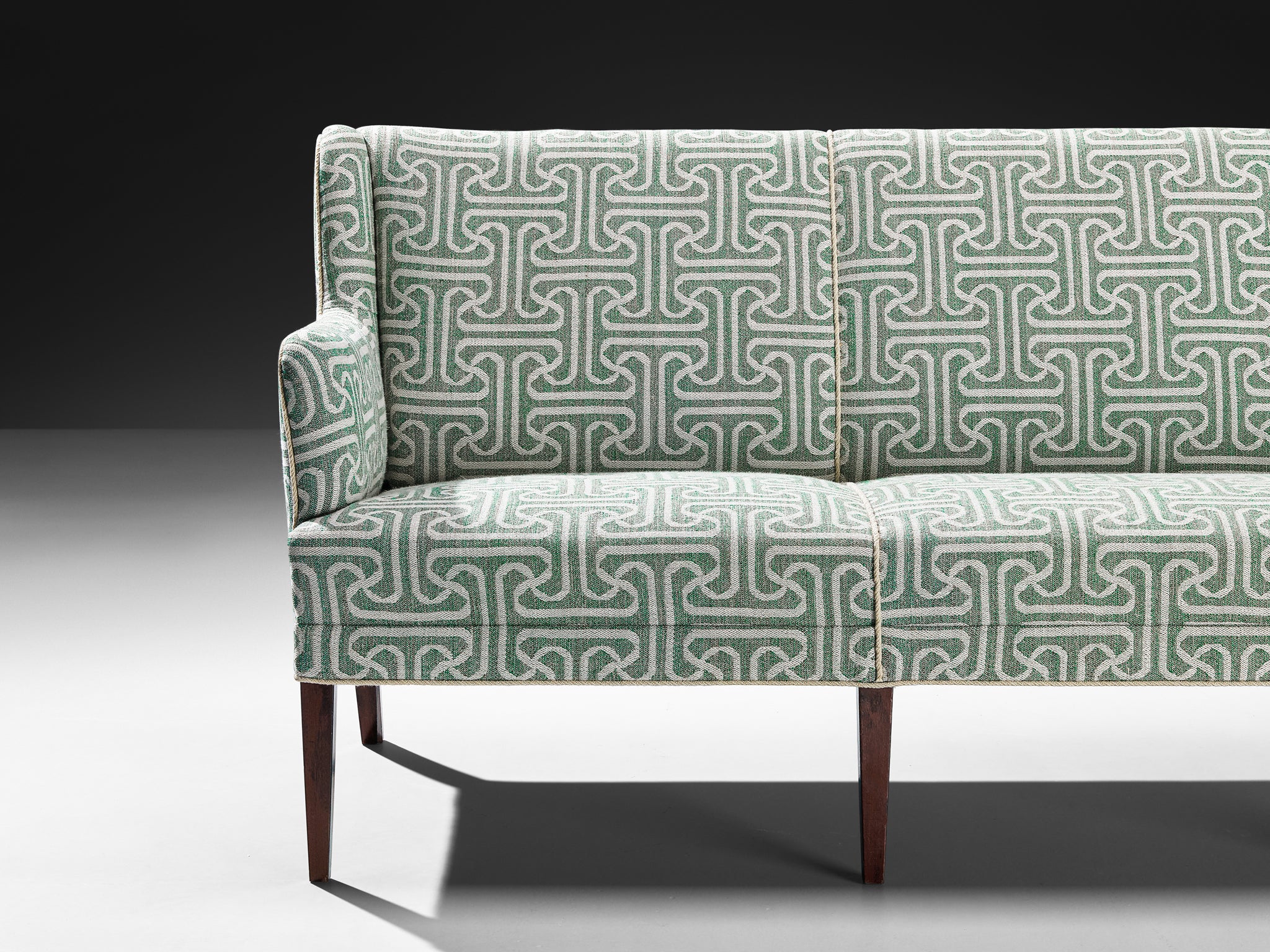 Elegant Danish Modern 1950s Sofa in Light Green Patterned Upholstery Seating Morentz