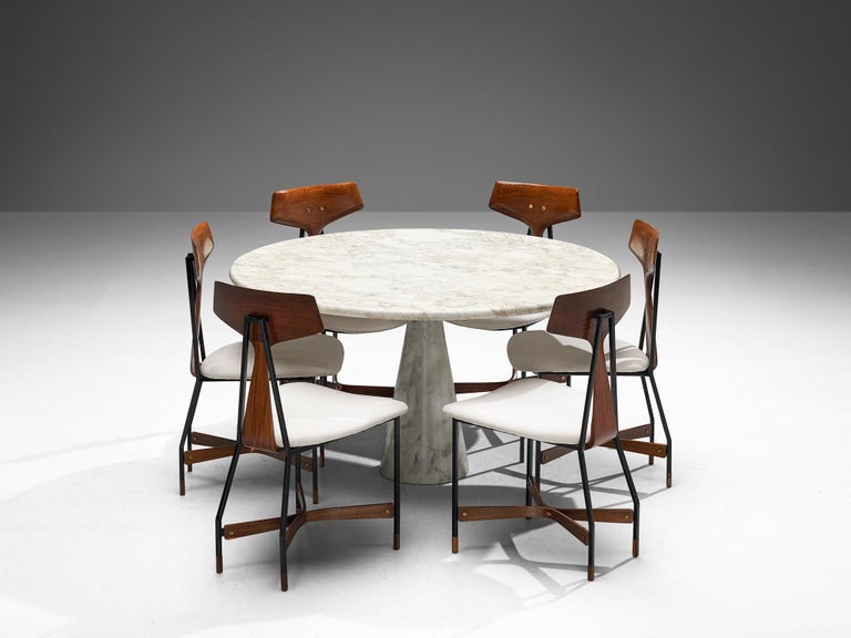 Angelo Mangiarotti Dining Table in Marble with Set of Six Chairs in Teak