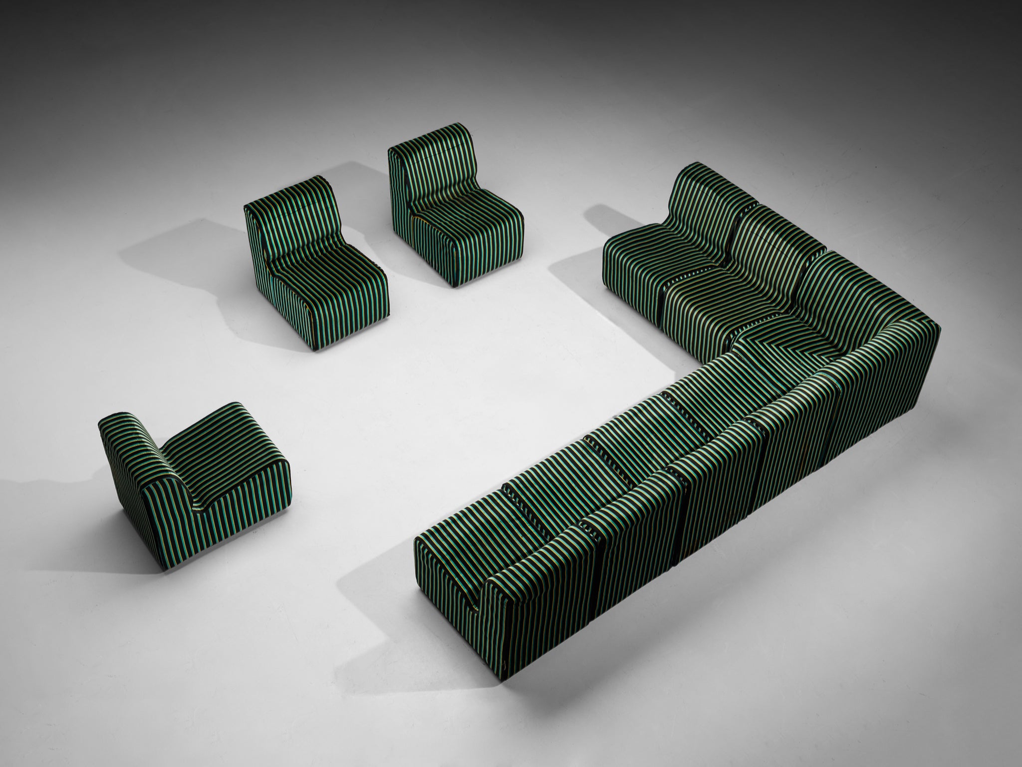 1980s Post-Modern Italian Sectional Sofa Green Yellow Black Striped Velvet Seating Morentz