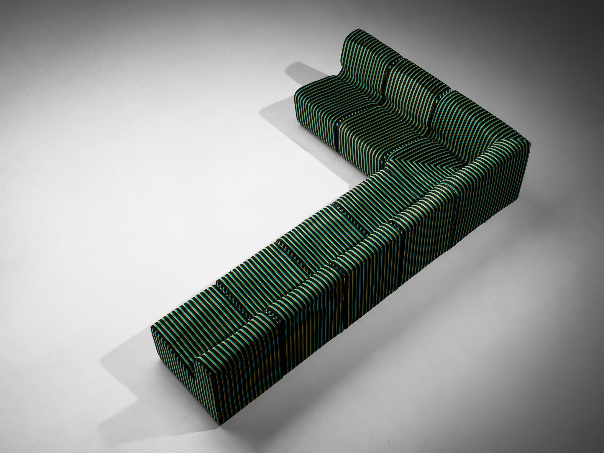 1980s Post-Modern Italian Sectional Sofa Green Yellow Black Striped Velvet Seating Morentz