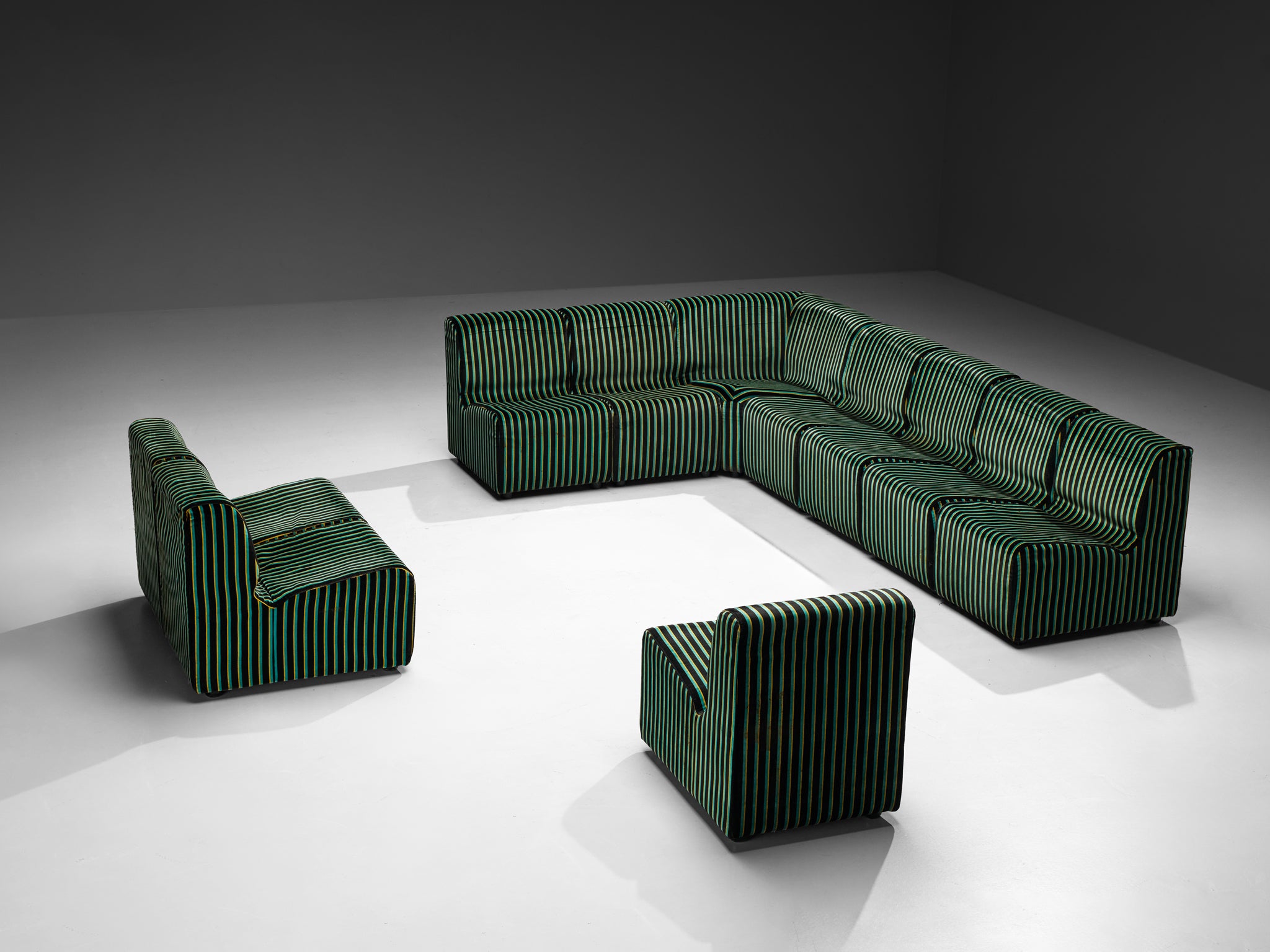 1980s Post-Modern Italian Sectional Sofa Green Yellow Black Striped Velvet Seating Morentz