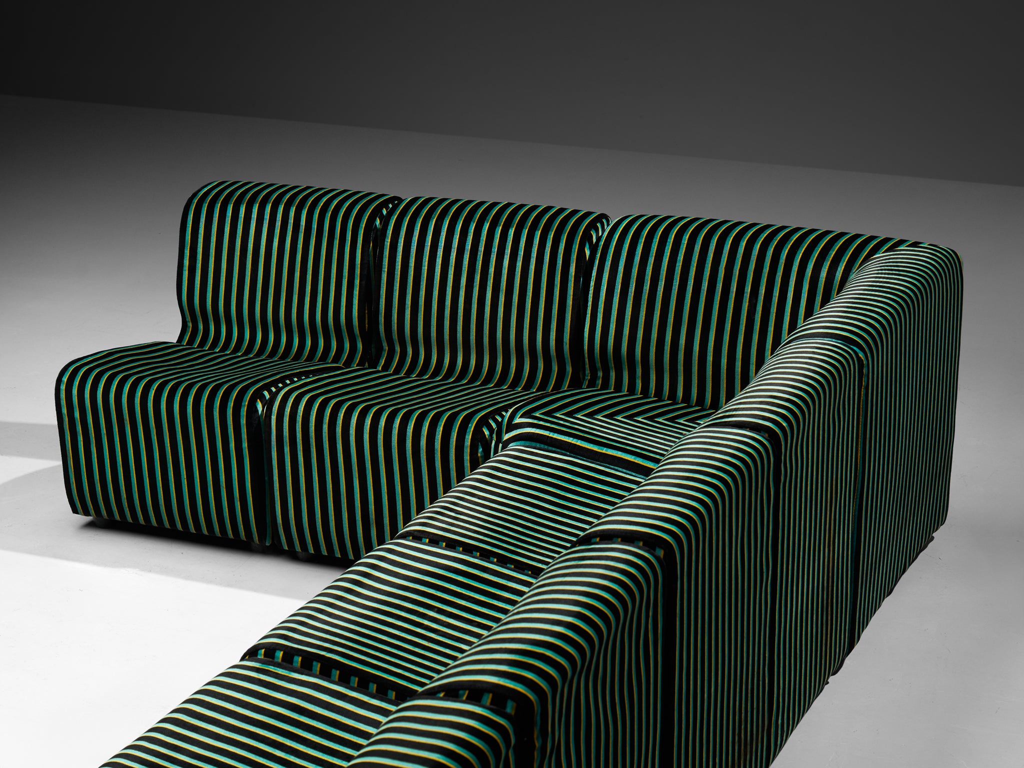 1980s Post-Modern Italian Sectional Sofa Green Yellow Black Striped Velvet Seating Morentz