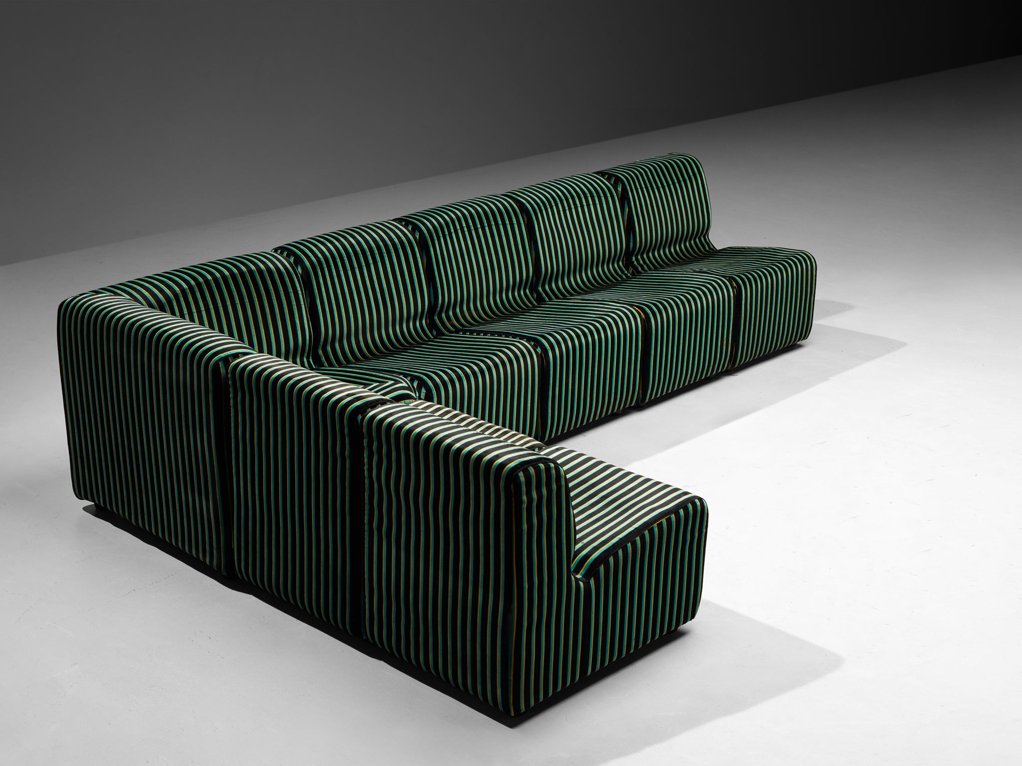 1980s Post-Modern Italian Sectional Sofa Green Yellow Black Striped Velvet Seating Morentz