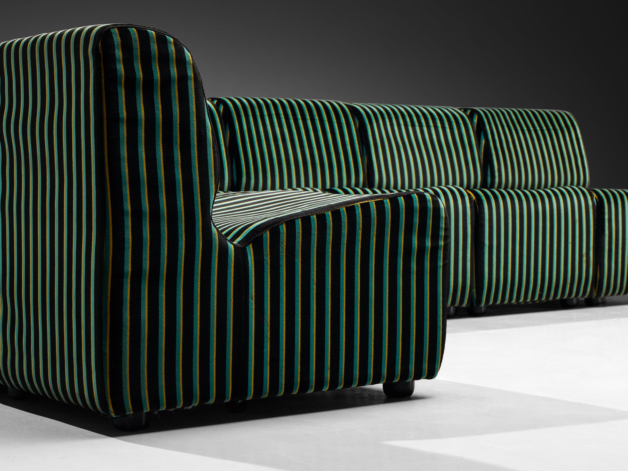 1980s Post-Modern Italian Sectional Sofa Green Yellow Black Striped Velvet Seating Morentz
