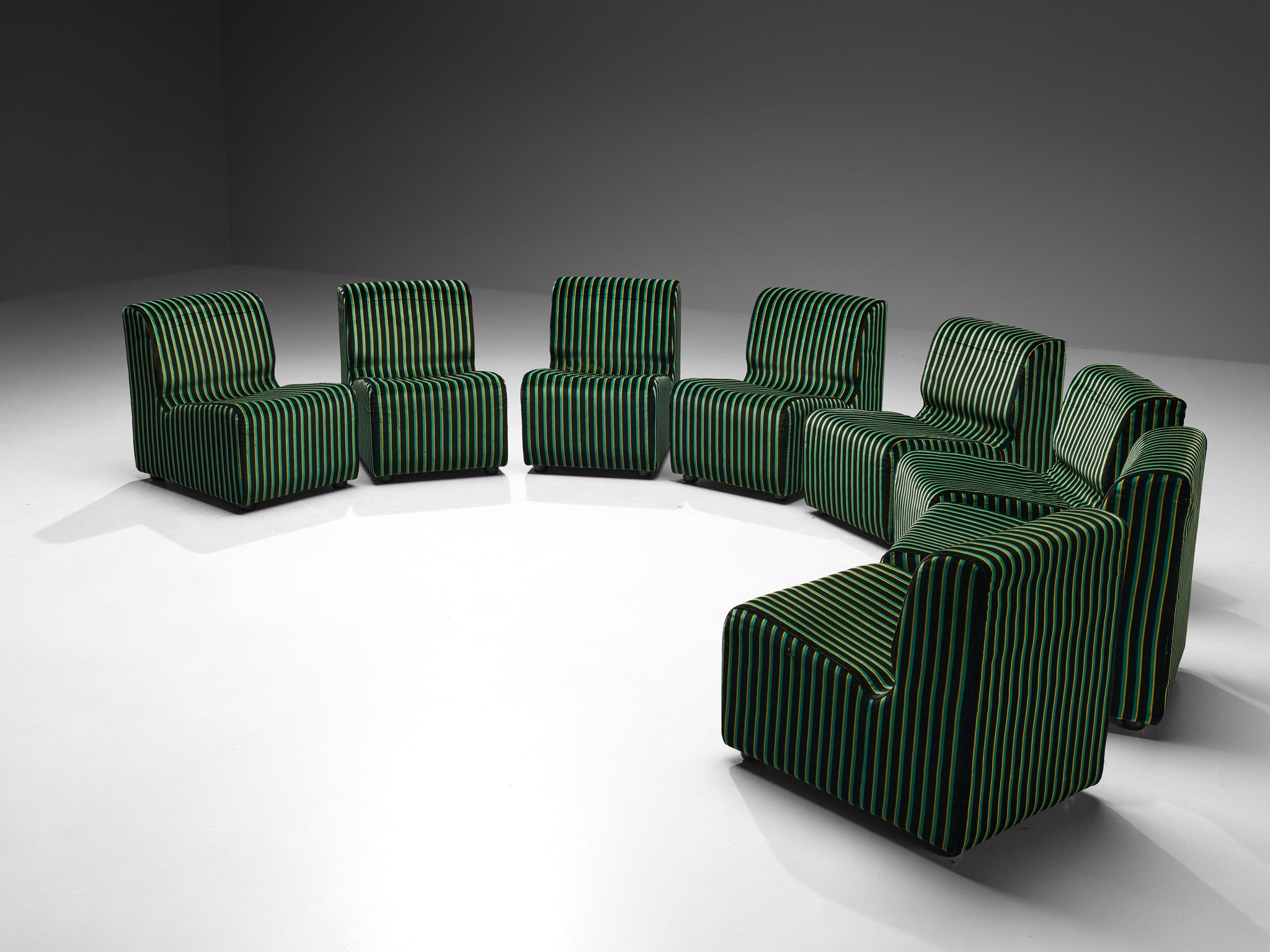 1980s Post-Modern Italian Sectional Sofa Green Yellow Black Striped Velvet Seating Morentz