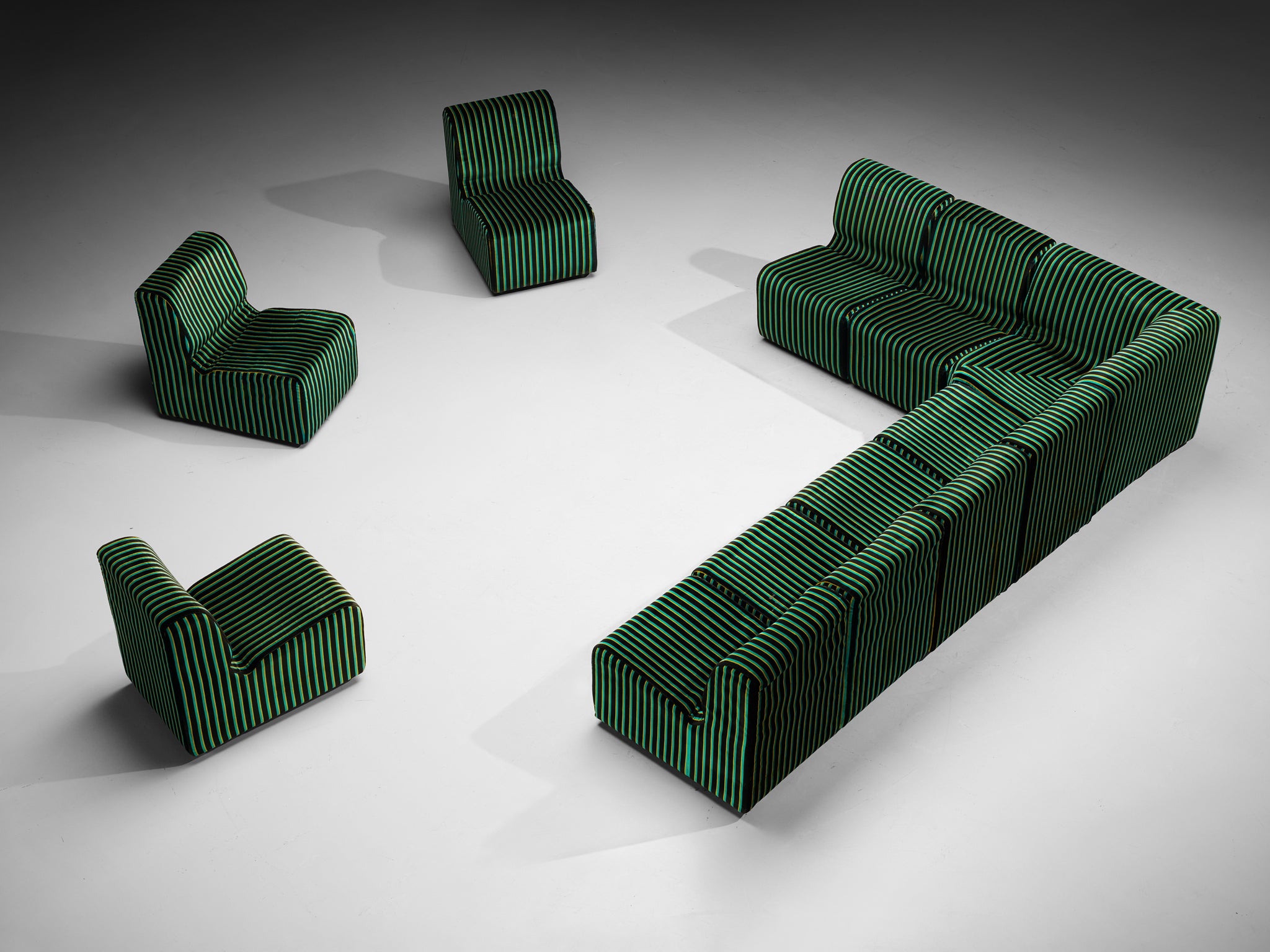 1980s Post-Modern Italian Sectional Sofa Green Yellow Black Striped Velvet Seating Morentz