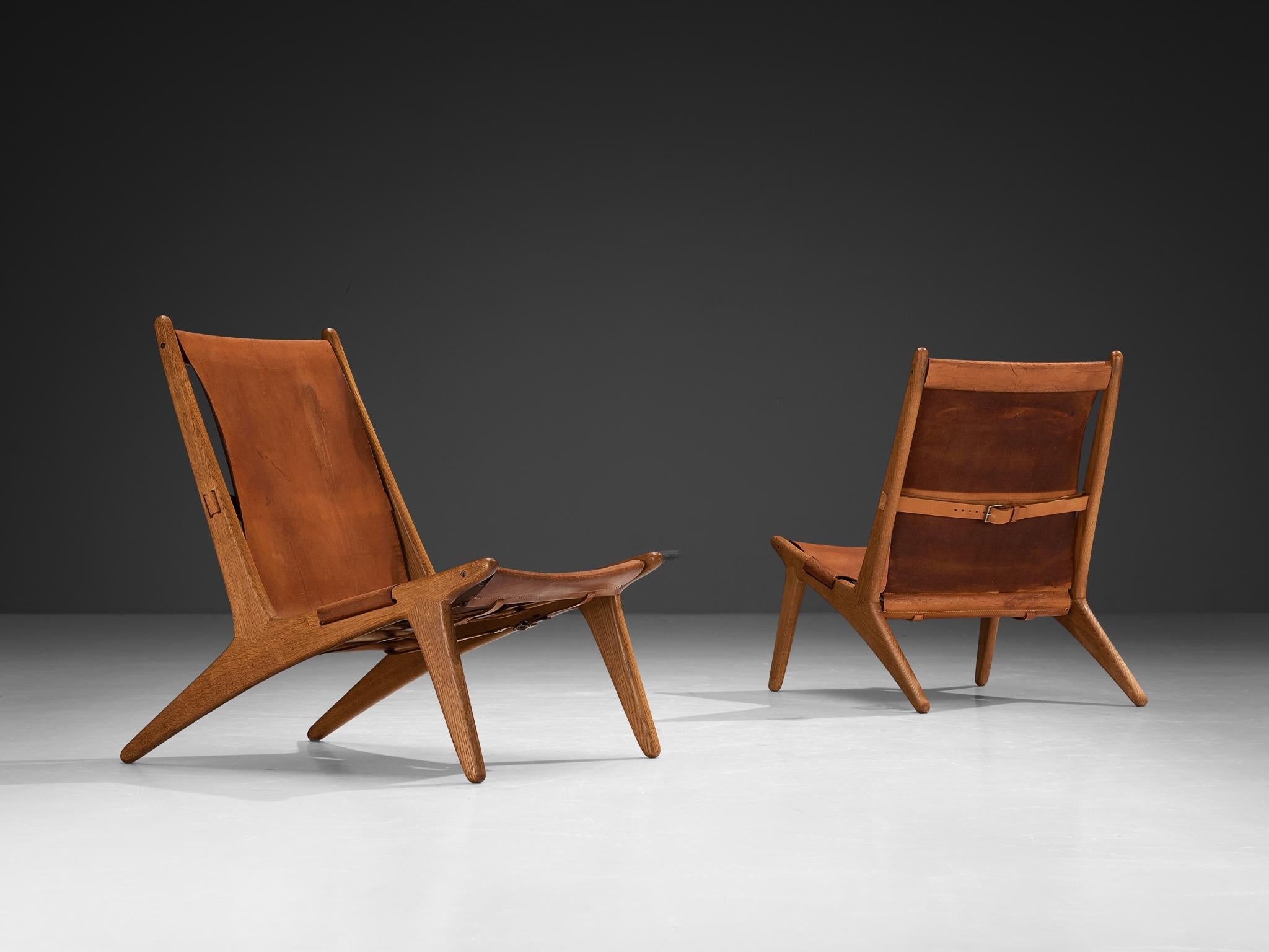 Uno & Östen Kristiansson for Luxus Pair of Hunting Chairs Leather and Oak seating Morentz