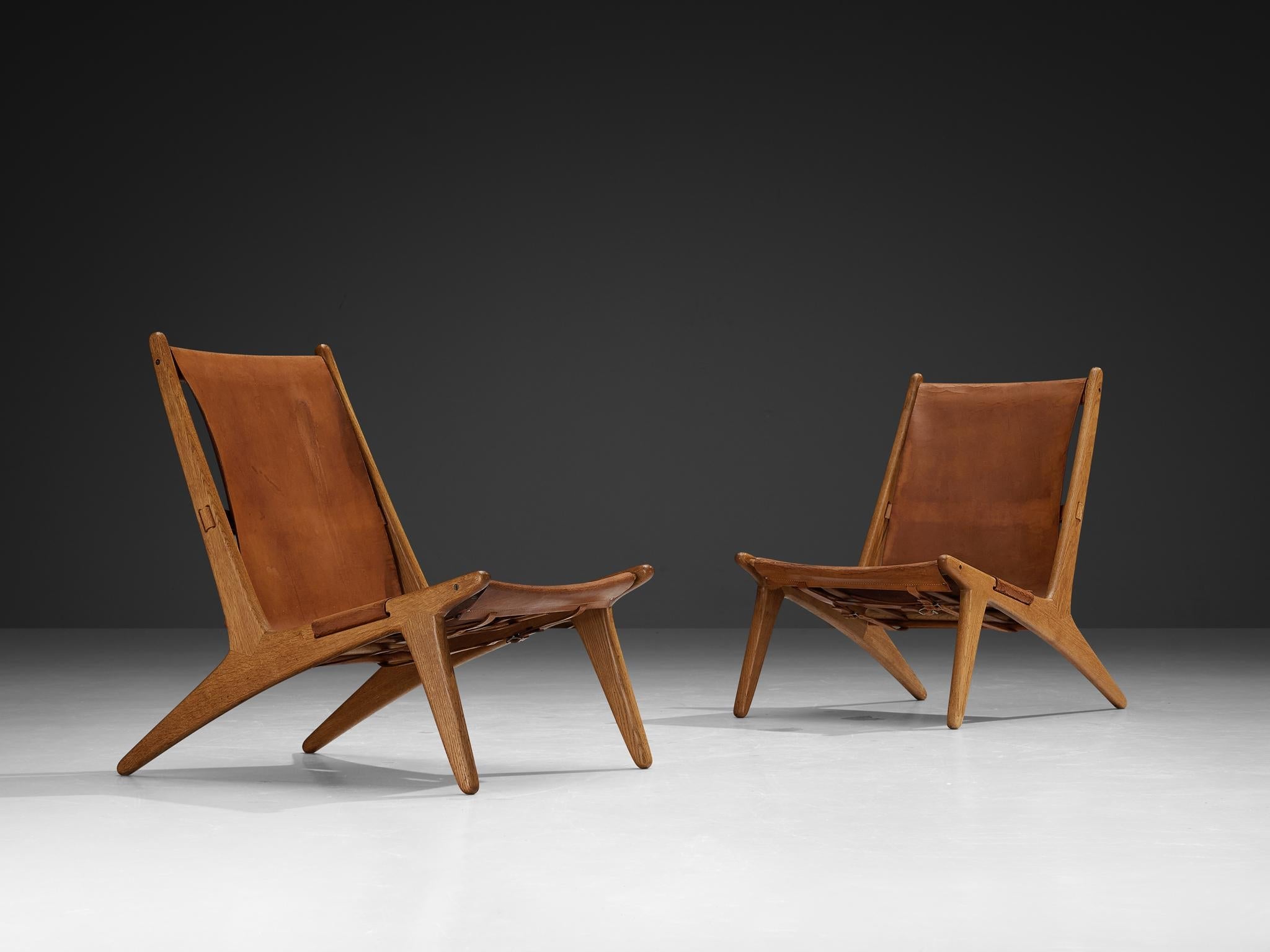 Uno & Östen Kristiansson for Luxus Pair of Hunting Chairs Leather and Oak seating Morentz