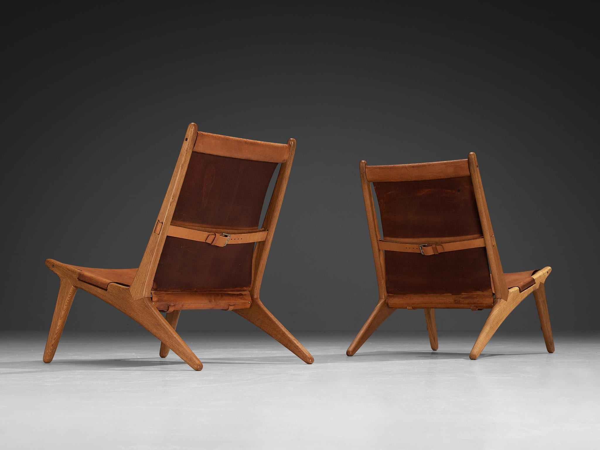 Uno & Östen Kristiansson for Luxus Pair of Hunting Chairs Leather and Oak seating Morentz