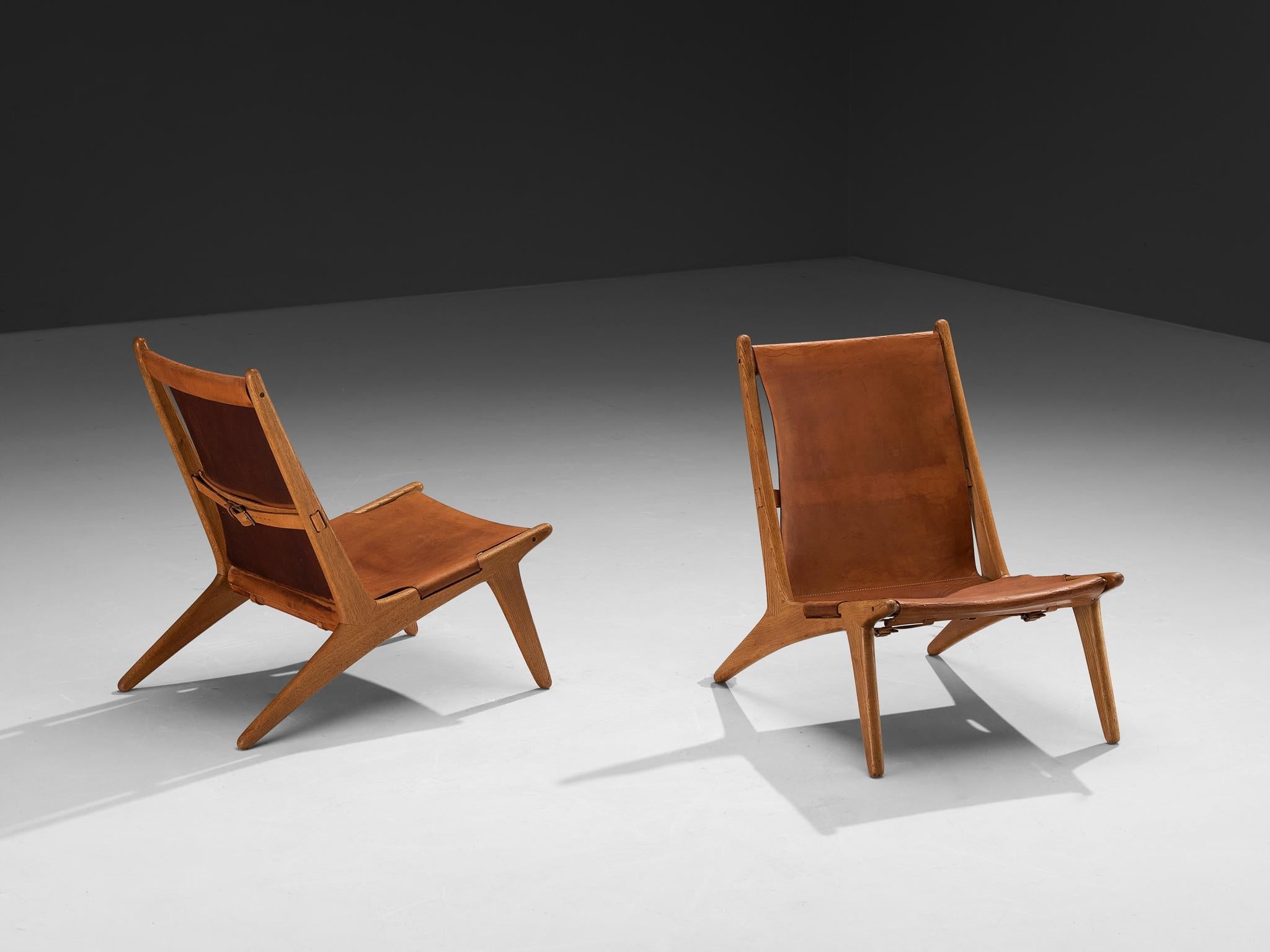 Uno & Östen Kristiansson for Luxus Pair of Hunting Chairs Leather and Oak seating Morentz