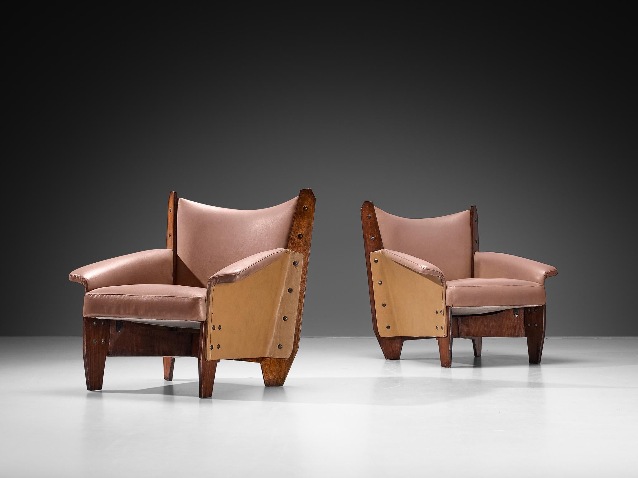 1950s Pair of Italian Lounge Chairs in Plywood and Camel Pink Upholstery seating Morentz