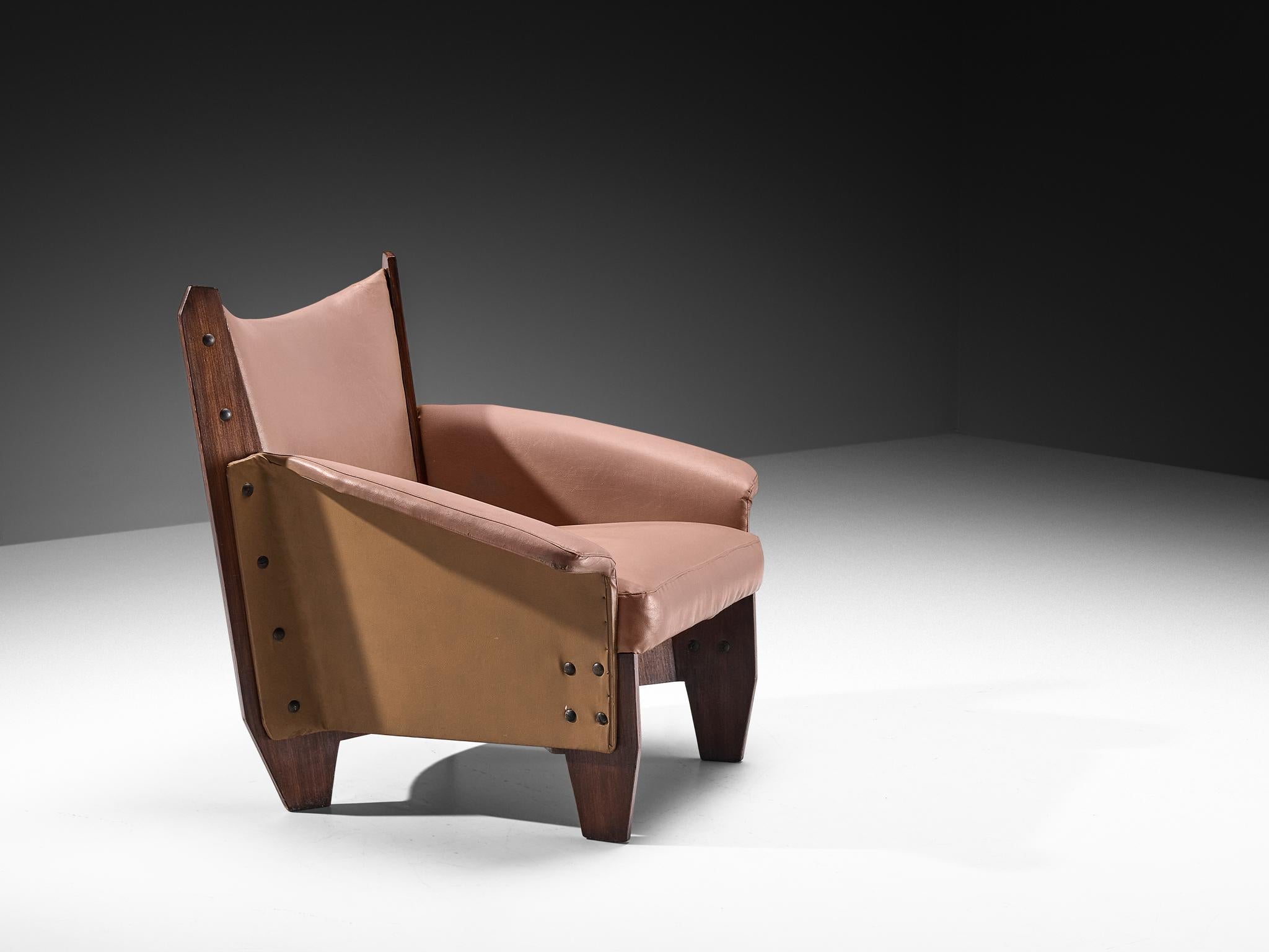 1950s Italian Lounge Chair in Plywood and Camel Pink Upholstery seating Morentz
