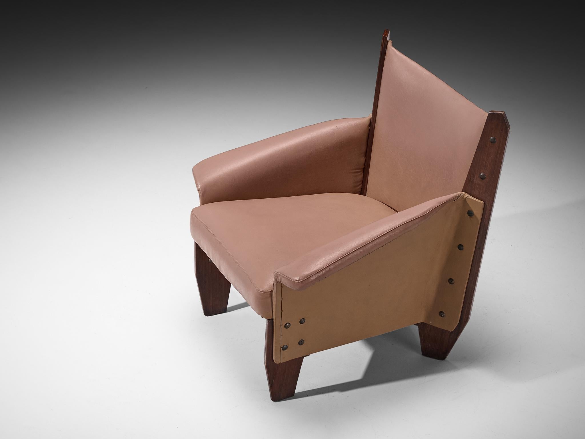 1950s Italian Lounge Chair in Plywood and Camel Pink Upholstery seating Morentz