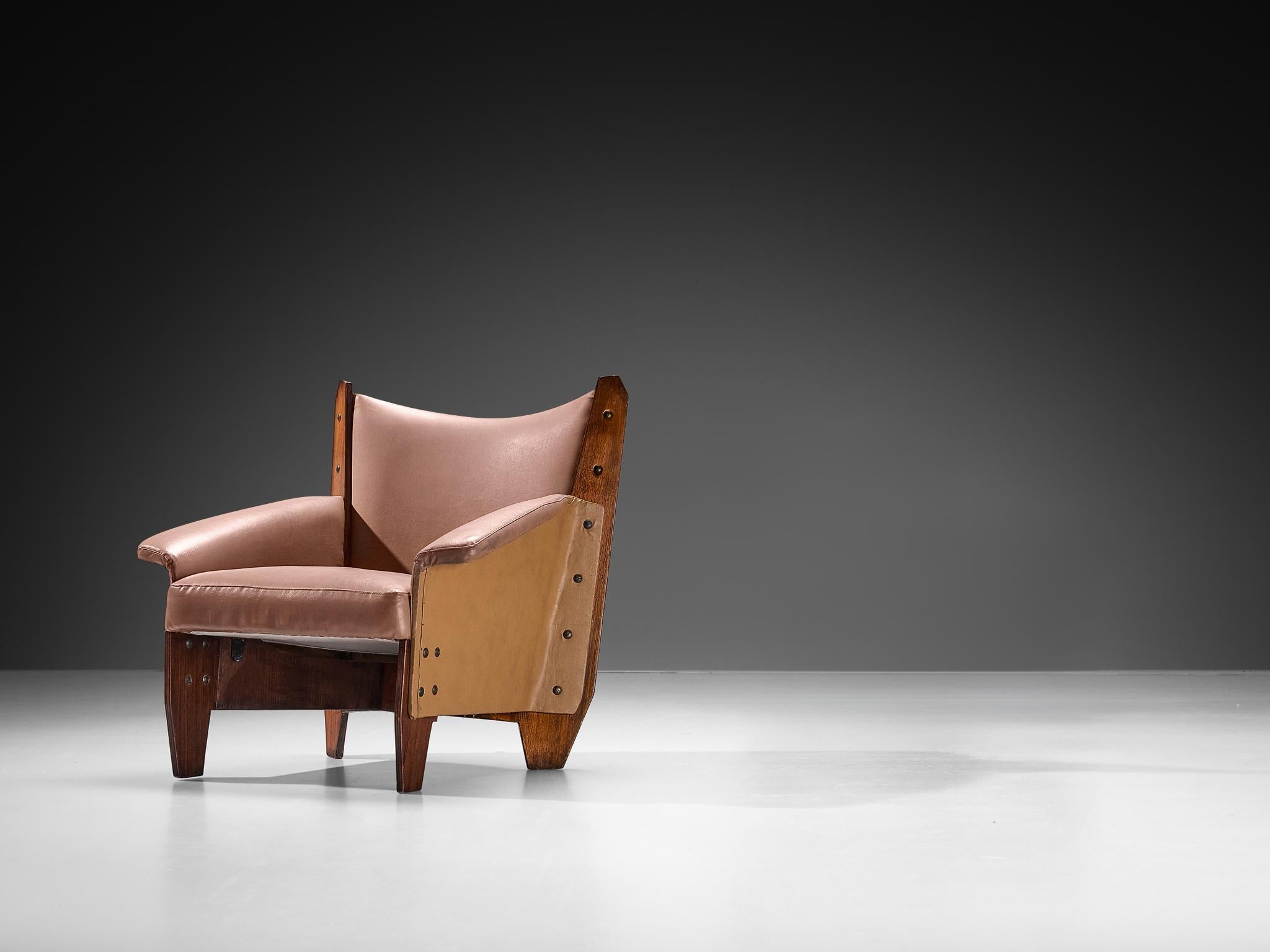 1950s Italian Lounge Chair in Plywood and Camel Pink Upholstery seating Morentz