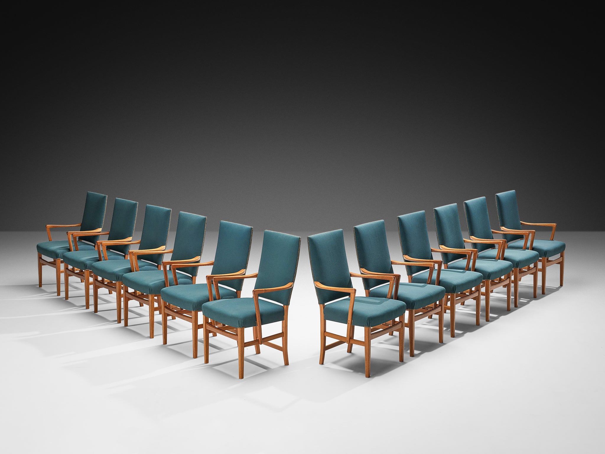 Carl Malmsten Set of Twelve Armchairs in Teak and Green-Blue Upholstery Seating Morentz