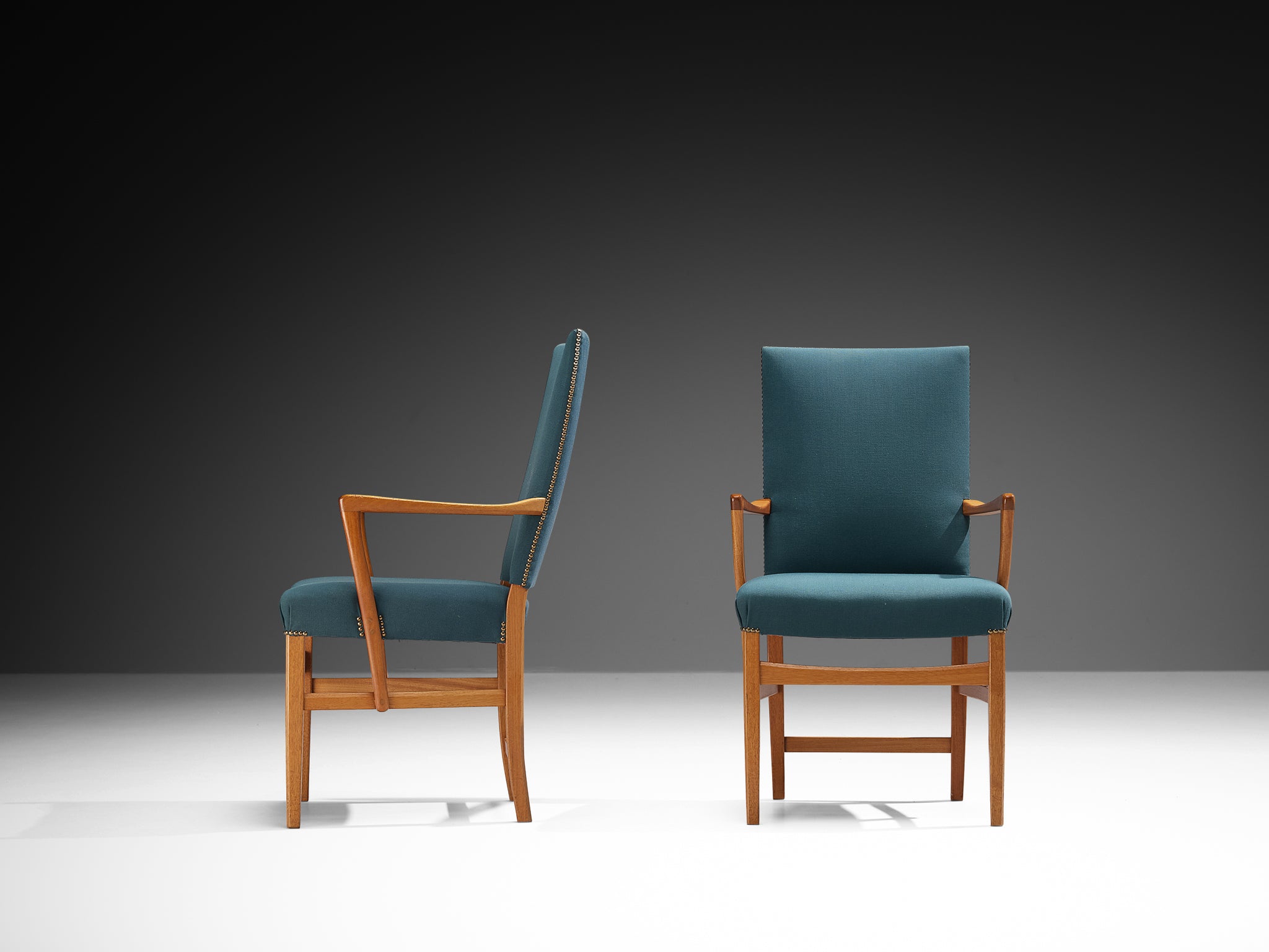 Carl Malmsten Set of Twelve Armchairs in Teak and Green-Blue Upholstery Seating Morentz