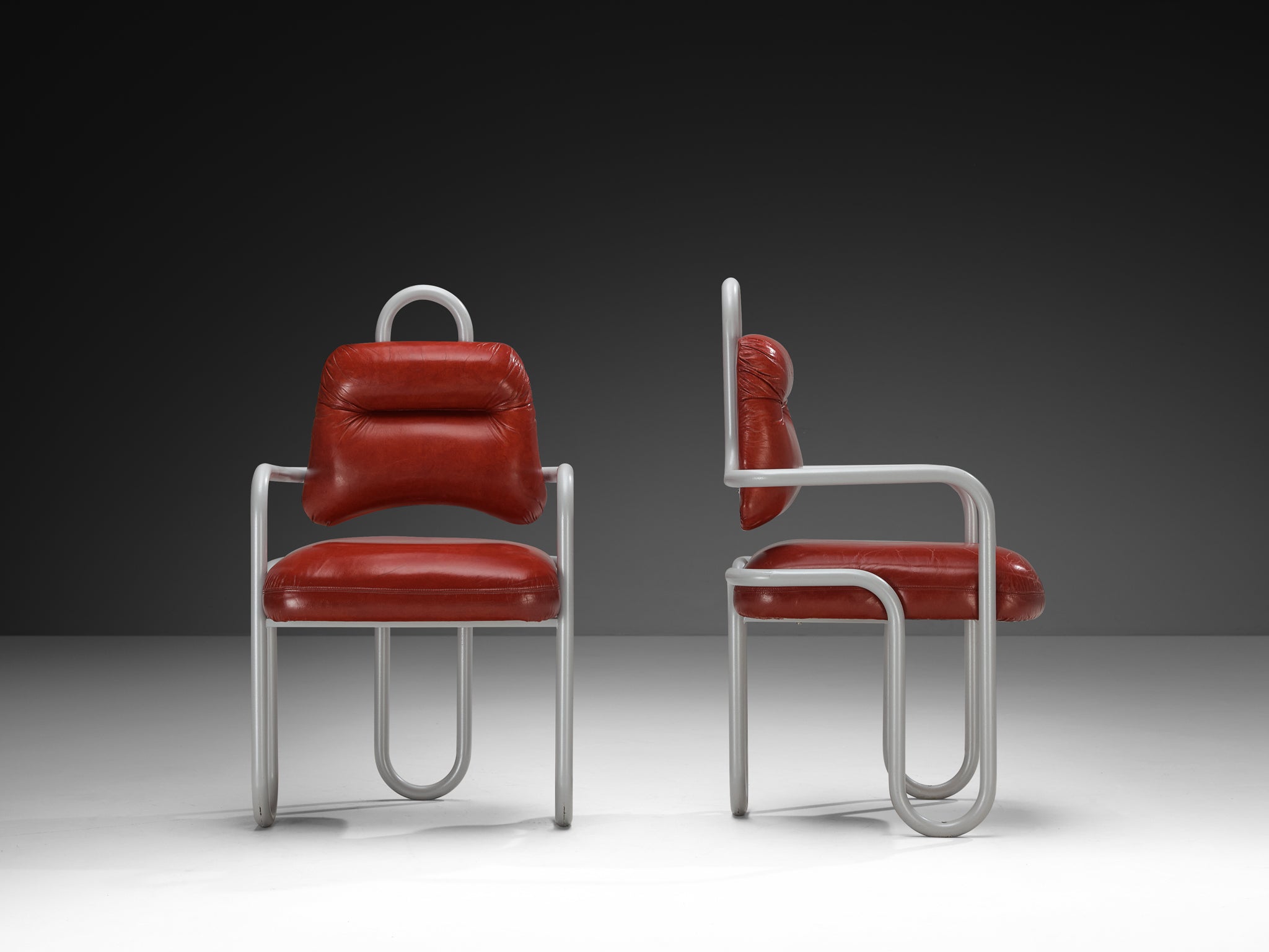 Kwok Hoi Chan for Steiner Pair of Dining Chairs in Red Leather Seating Morentz