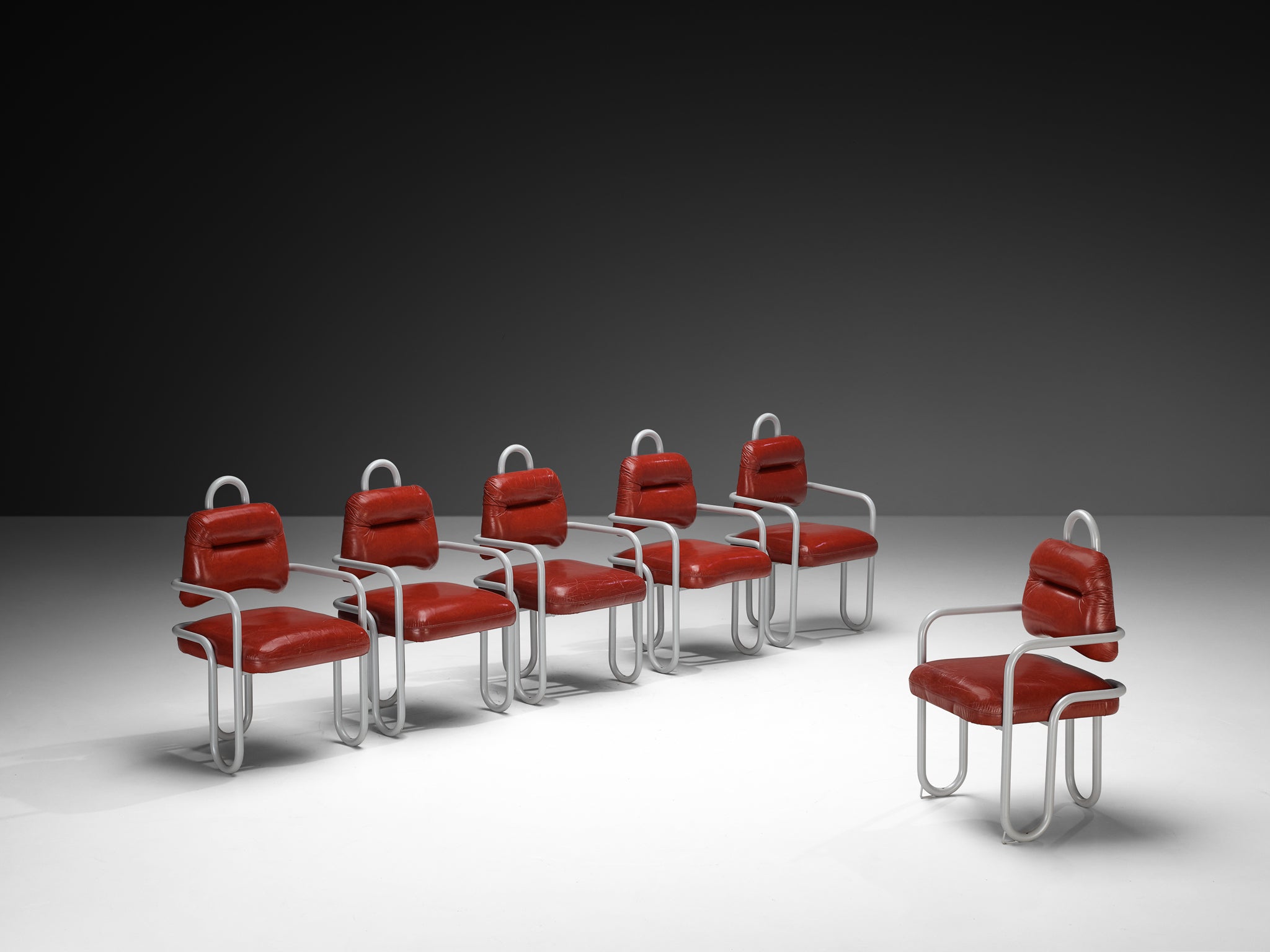 Kwok Hoi Chan for Steiner Set of Six Dining Chairs in Red Leather Seating Morentz