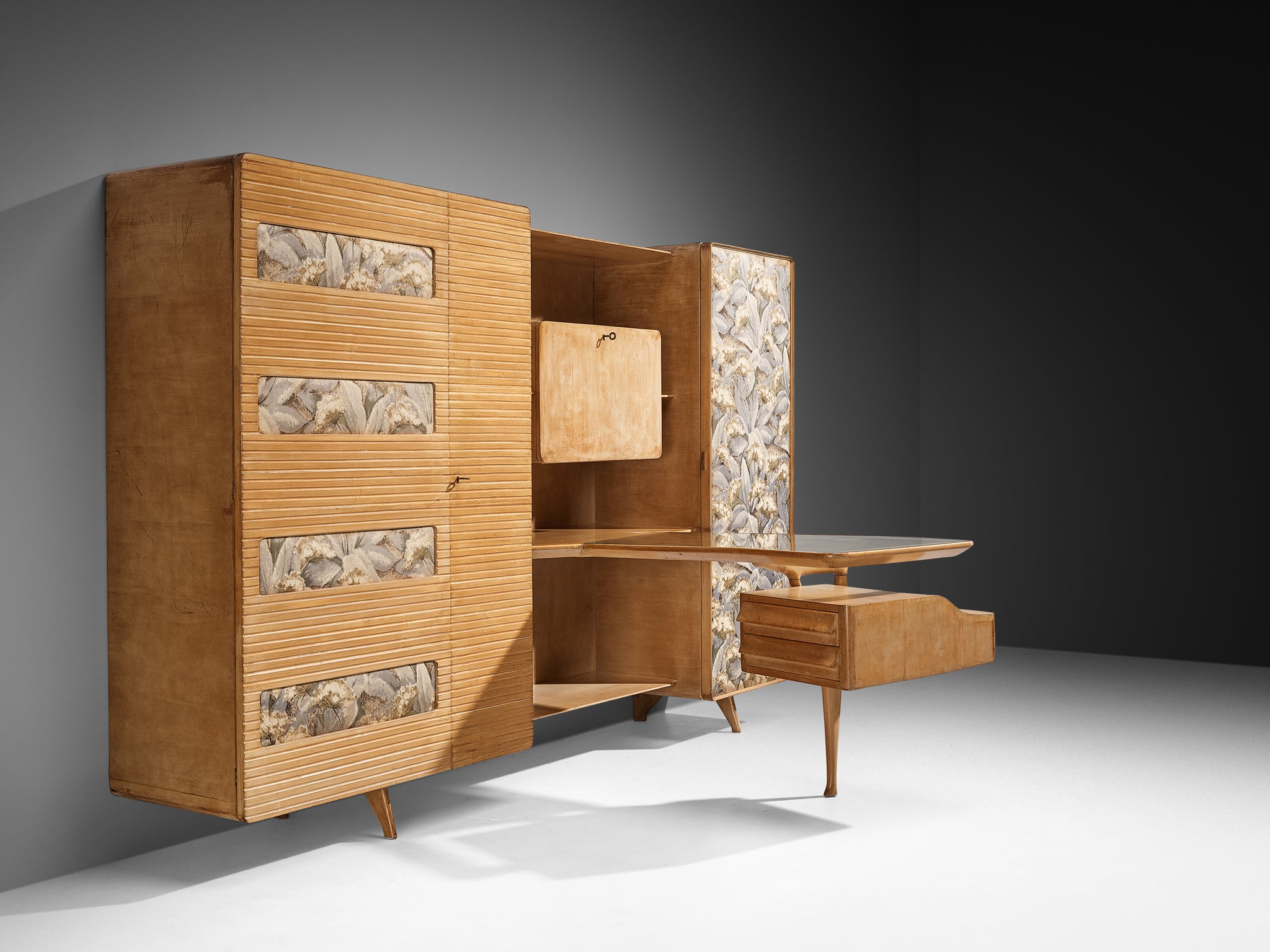 Unique Italian Large Wall Unit with Writing Desk in Maple and Birch Case pieces and storage cabinets Morentz