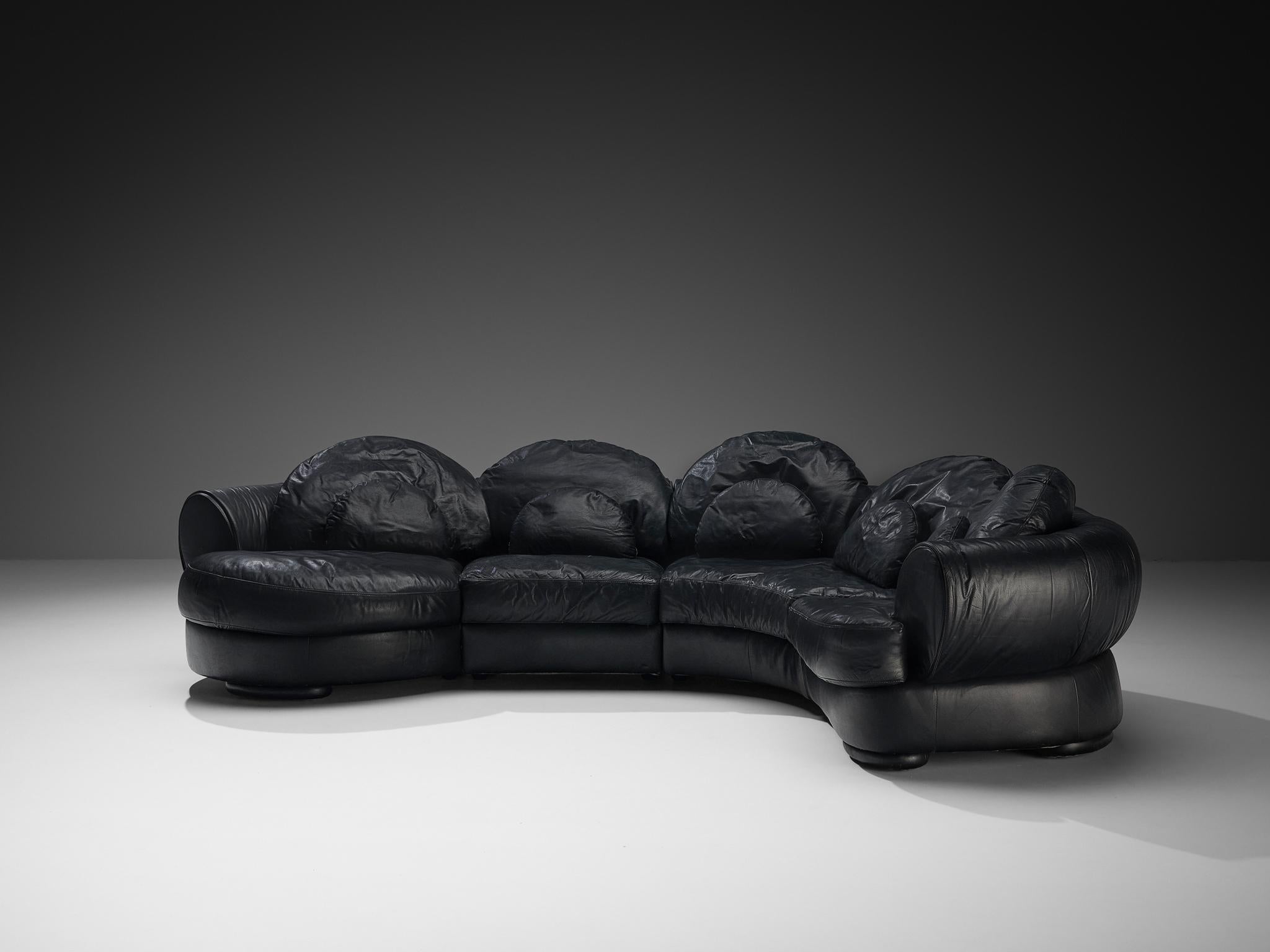Organically Shaped Post-Modern Sectional Sofa in Black Leather seating Morentz