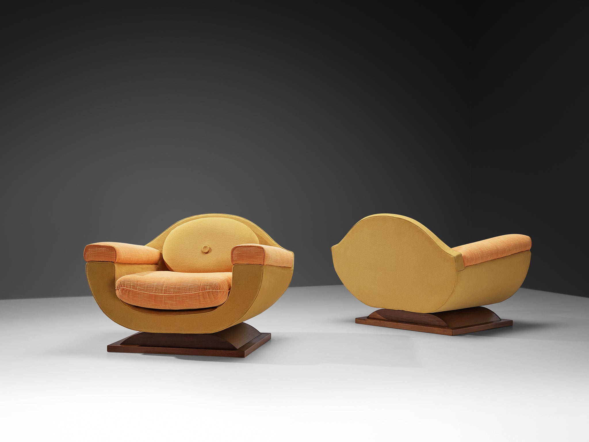 Italian Art Deco Pair of Lounge Chairs in Orange Yellow Upholstery Seating Morentz