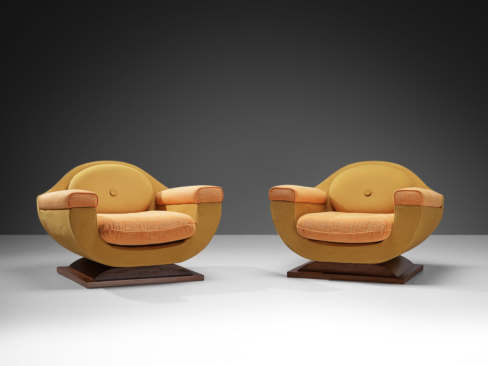 Italian Art Deco Pair of Lounge Chairs in Orange Yellow Upholstery Seating Morentz