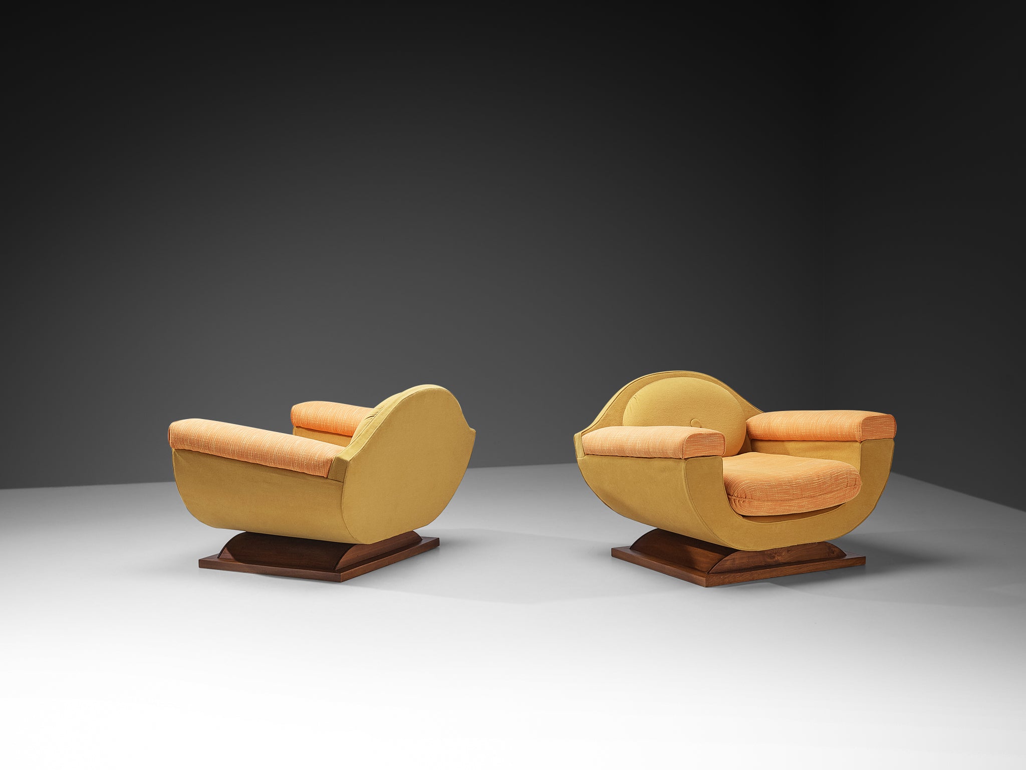 Italian Art Deco Pair of Lounge Chairs in Orange Yellow Upholstery Seating Morentz