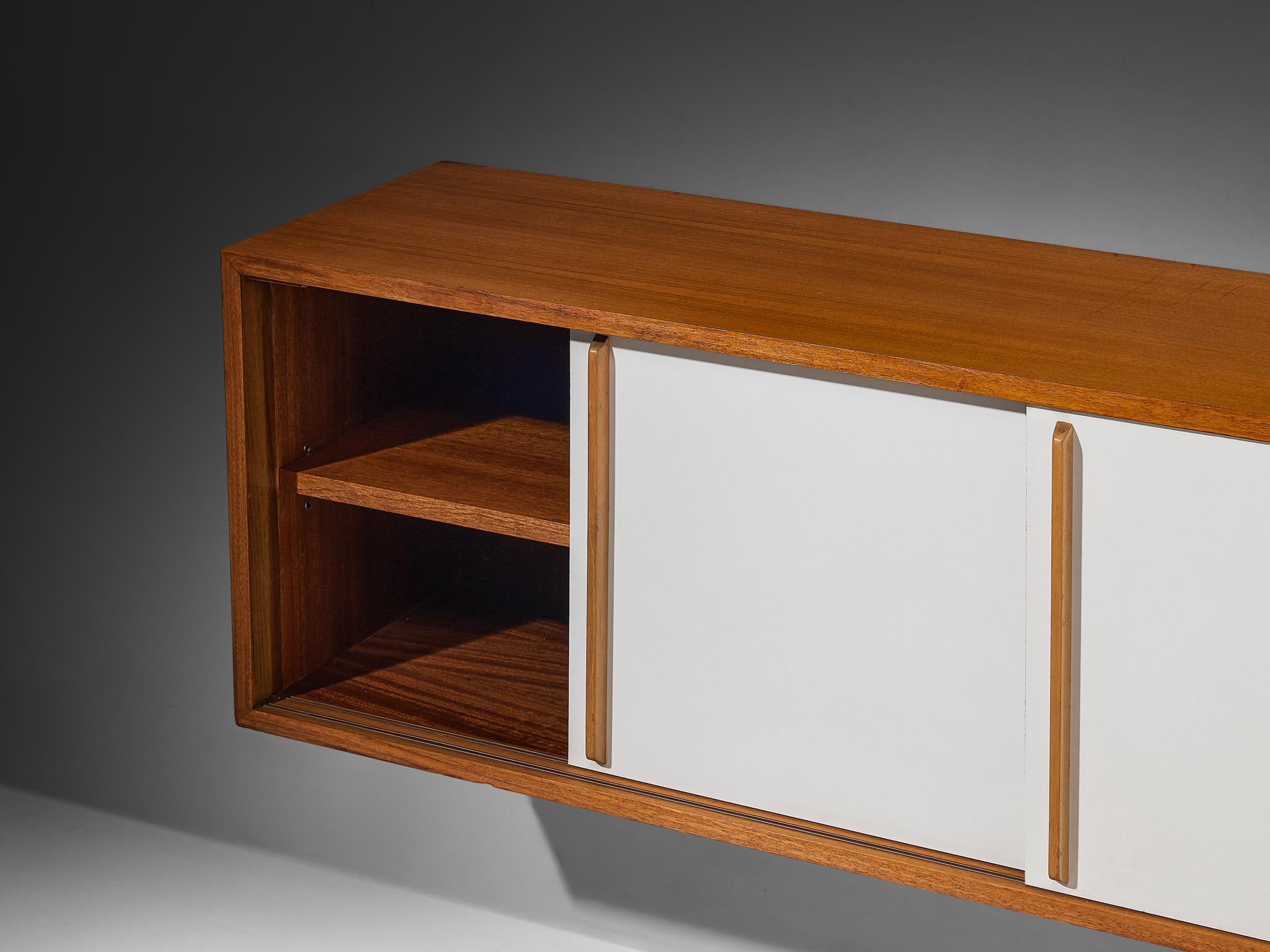 Mid-Century Modern Wall-Mounted Sideboard in Walnut with White Panels 1960s case pieces and storage cabinets Morentz