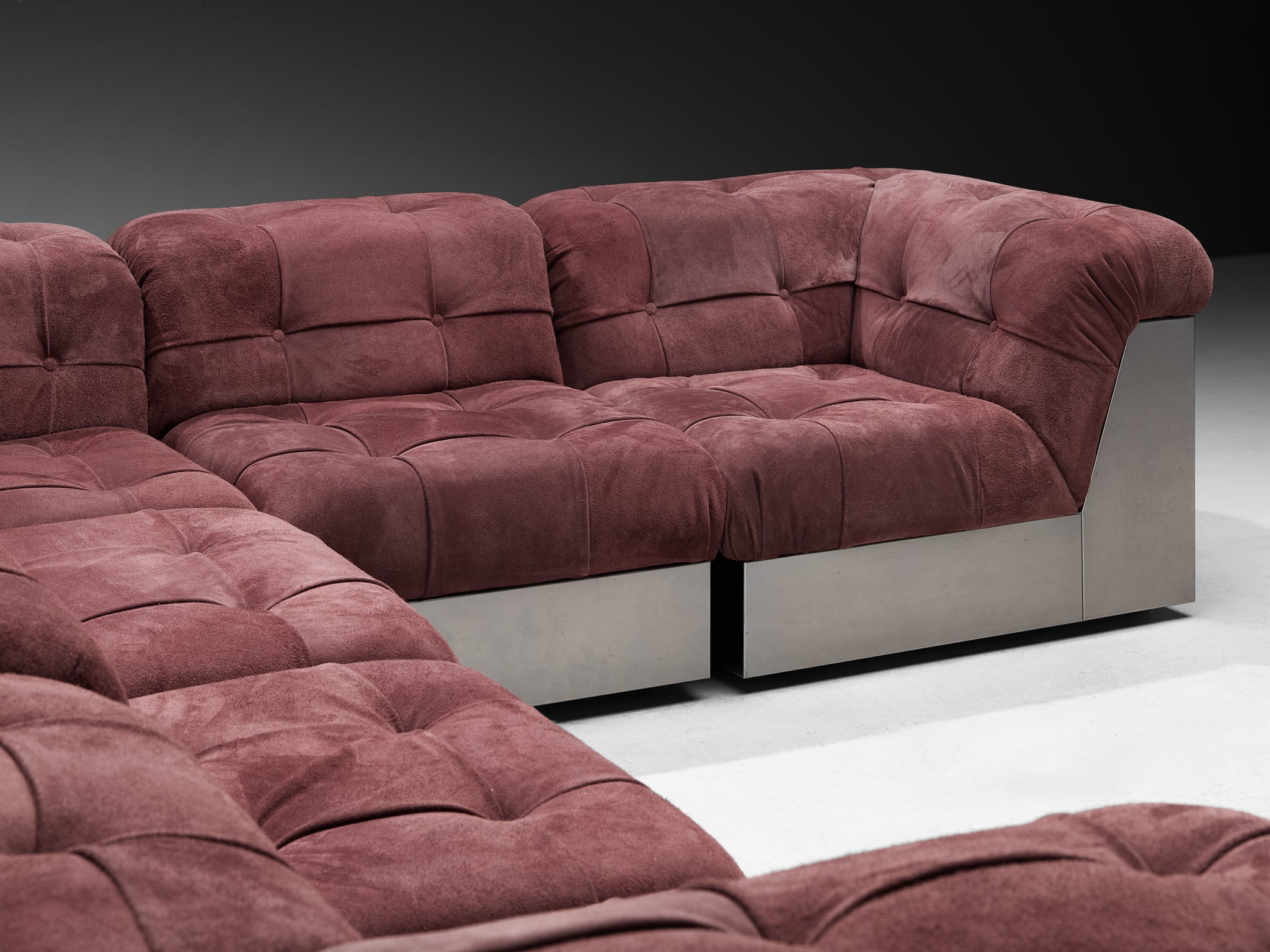 Giorgio Montani for Souplina Sectional Sofa in Stainless Steel and Plum Suede