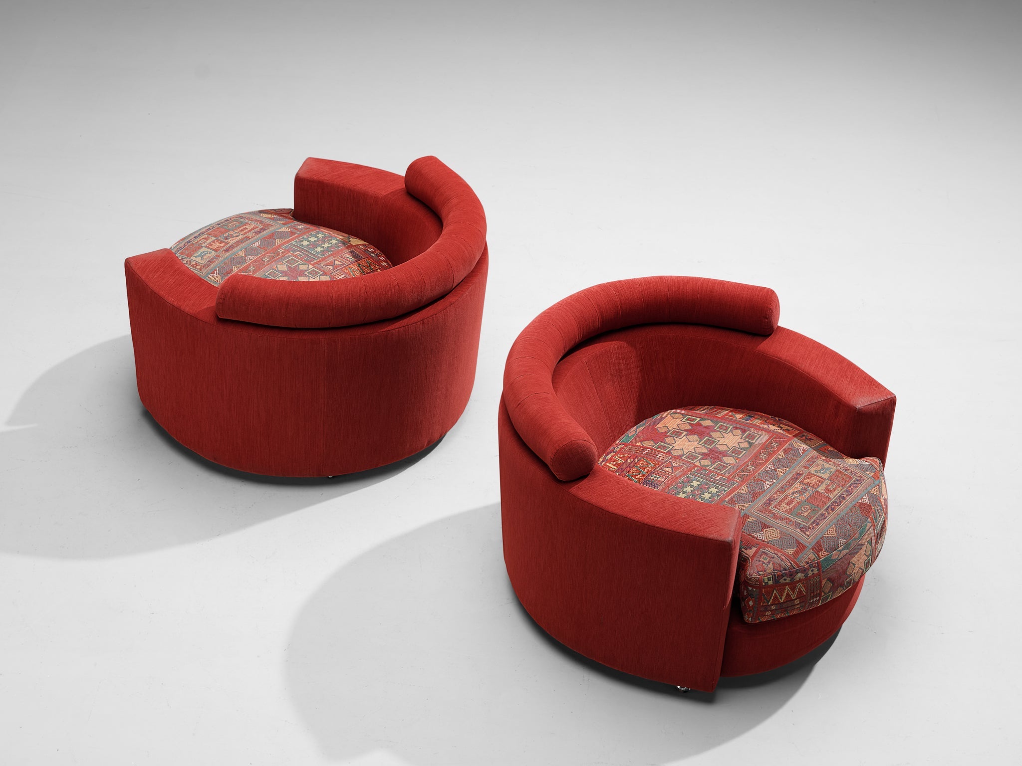 Roche Bobois Pair of Lounge Chairs in Red and Patterned Upholstery seating Morentz